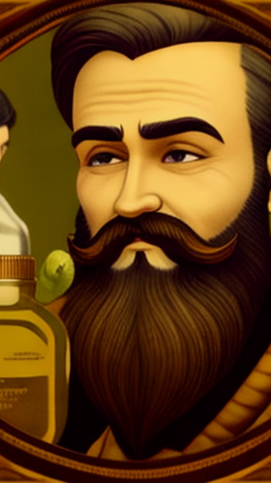 Bearded scholars gently massaging jojoba and argan oils into their facial hair wide angle ornate ancient apothecary