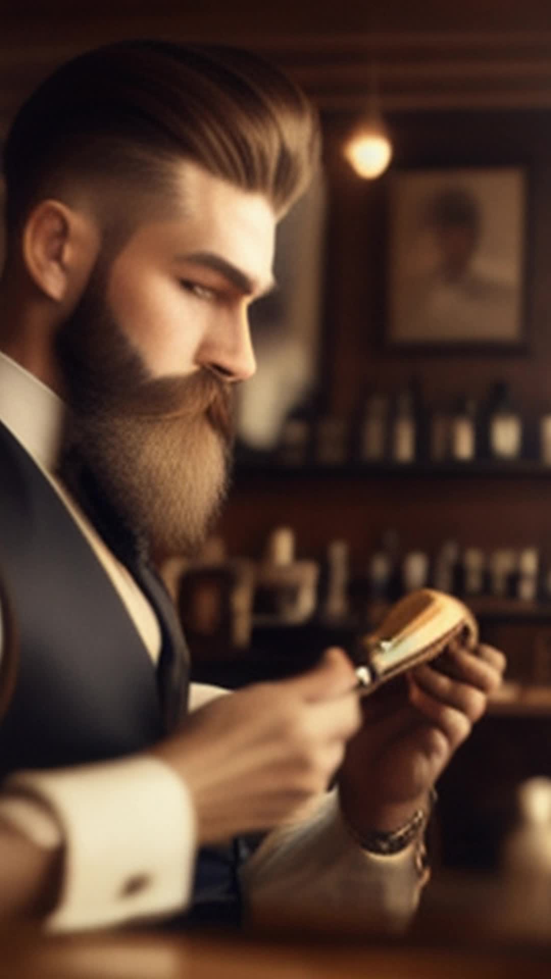 Elegant gentleman with a meticulously groomed beard, Ancient grooming tools in hand, Close up, Ornate vintage barber shop with antique mirrors and wooden accents