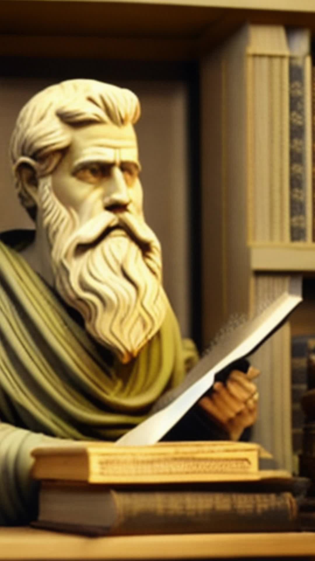 Plato, thick beard, artfully combing, embodying teachings on beauty, close up, serene ancient Greek study room with philosophical scrolls and artifacts