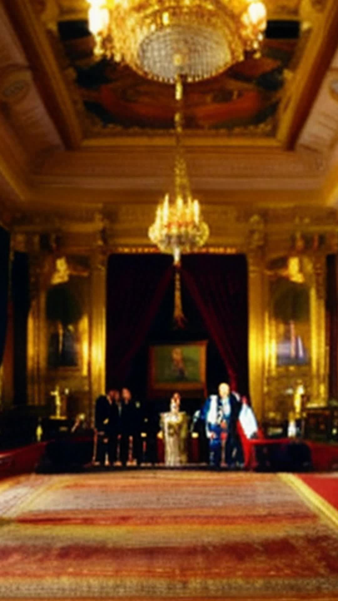 Foreign dignitaries in elaborate traditional garments lean in captivated wide angle ornate diplomatic hall