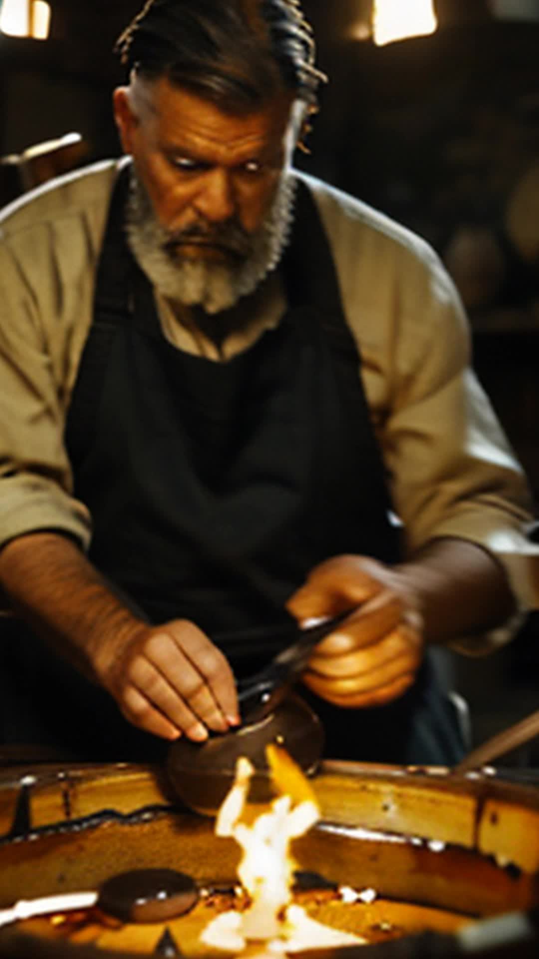 Skilled glassmaker in traditional attire, molten glass glowing, Wide angle, Ancient glassmaking workshop with fiery furnace and scattered tools