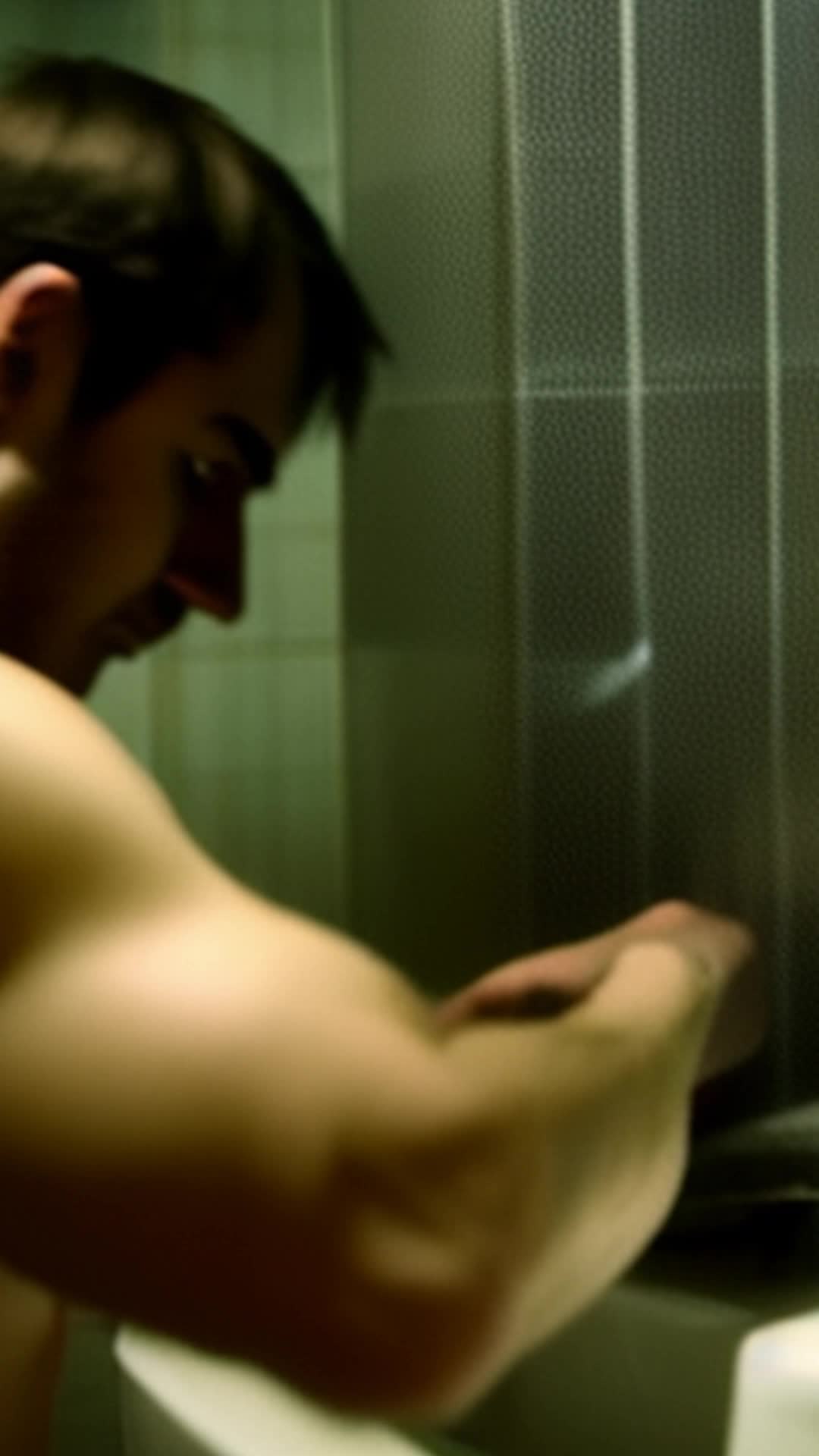 Michael determined man gripping razor close up dimly lit bathroom