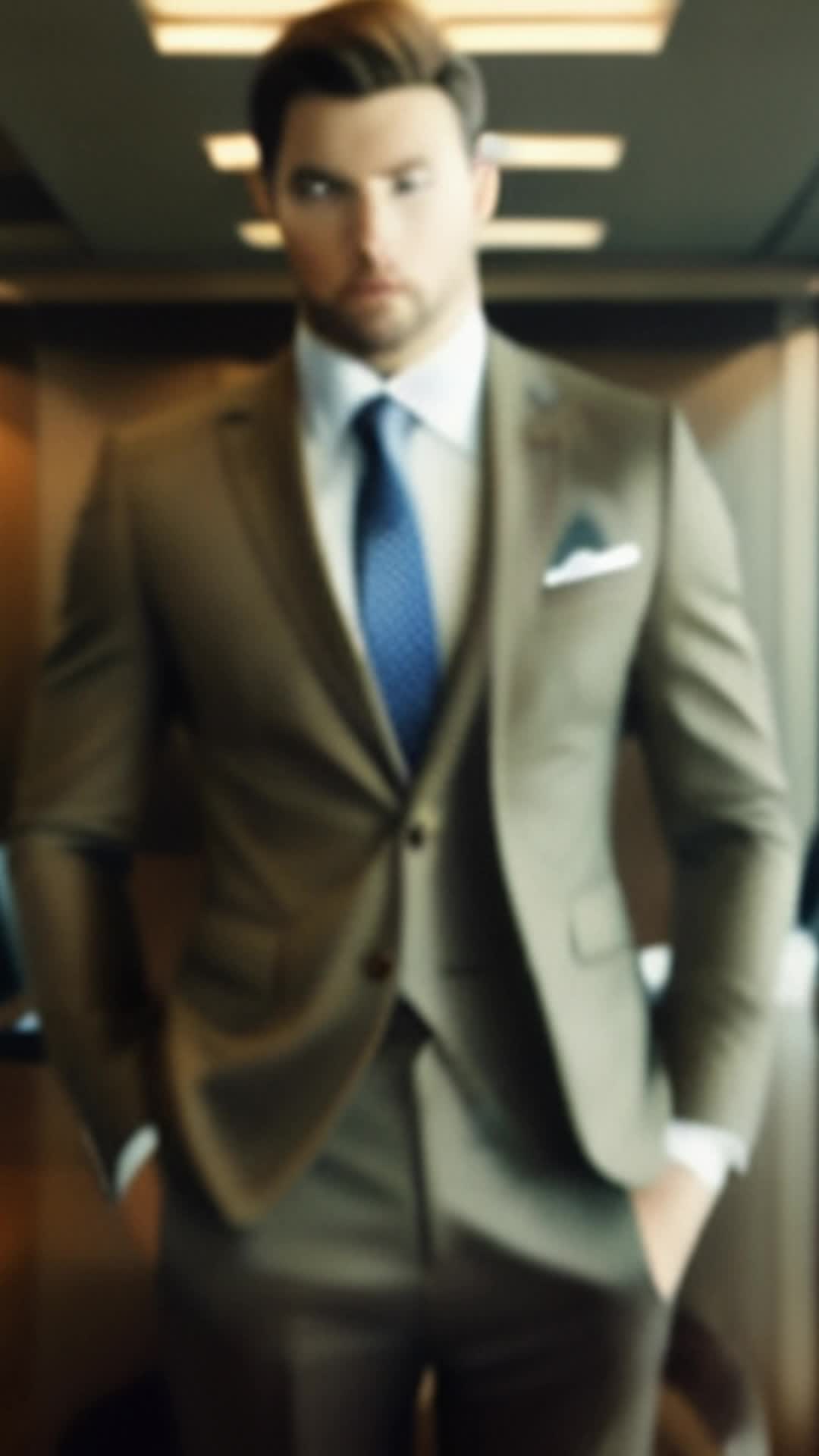 Eli in sharp tailored suit adjusts attire confidently wide angle luxurious corporate boardroom