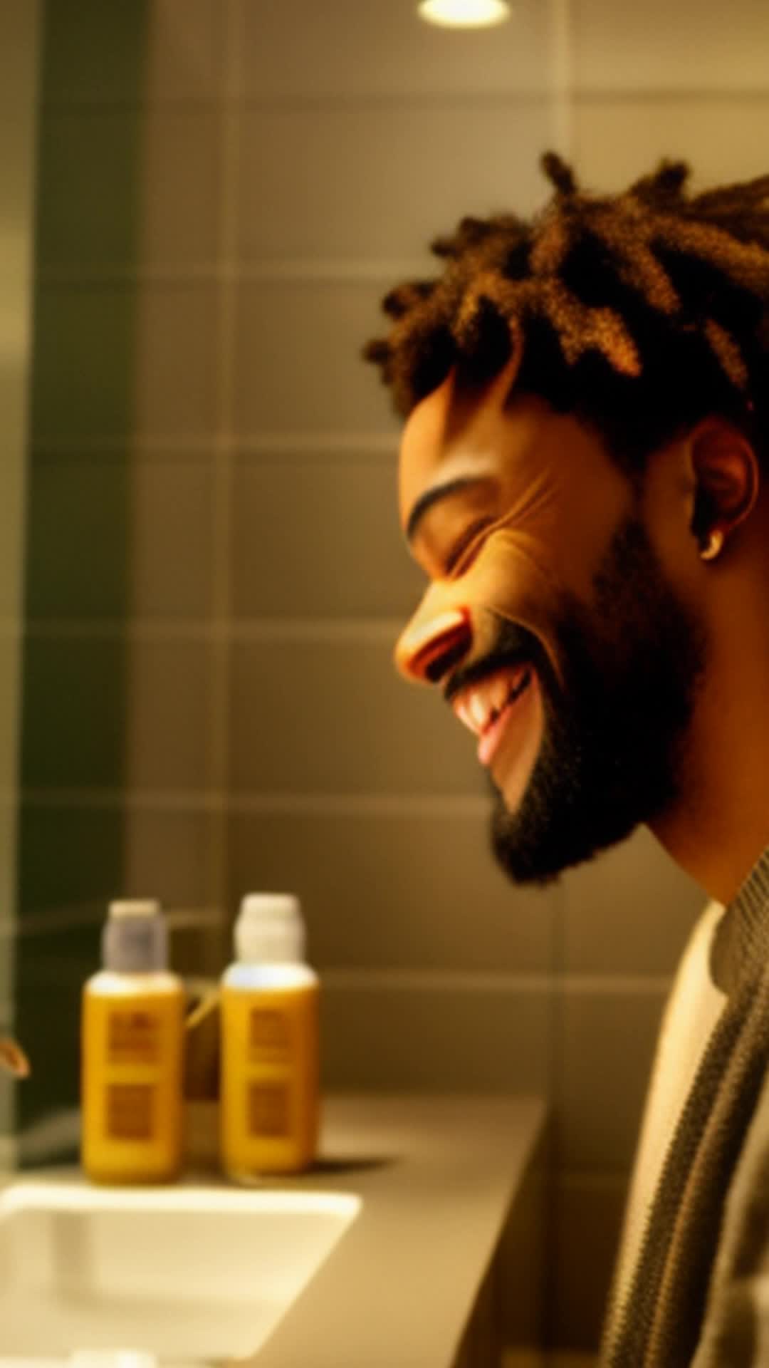 Jonah, holding grooming kit thoughtfully, reflects on its impact as a catalyst for change, smiles contentedly, close up, cozy bathroom with soft lighting enhancing thoughtful ambiance