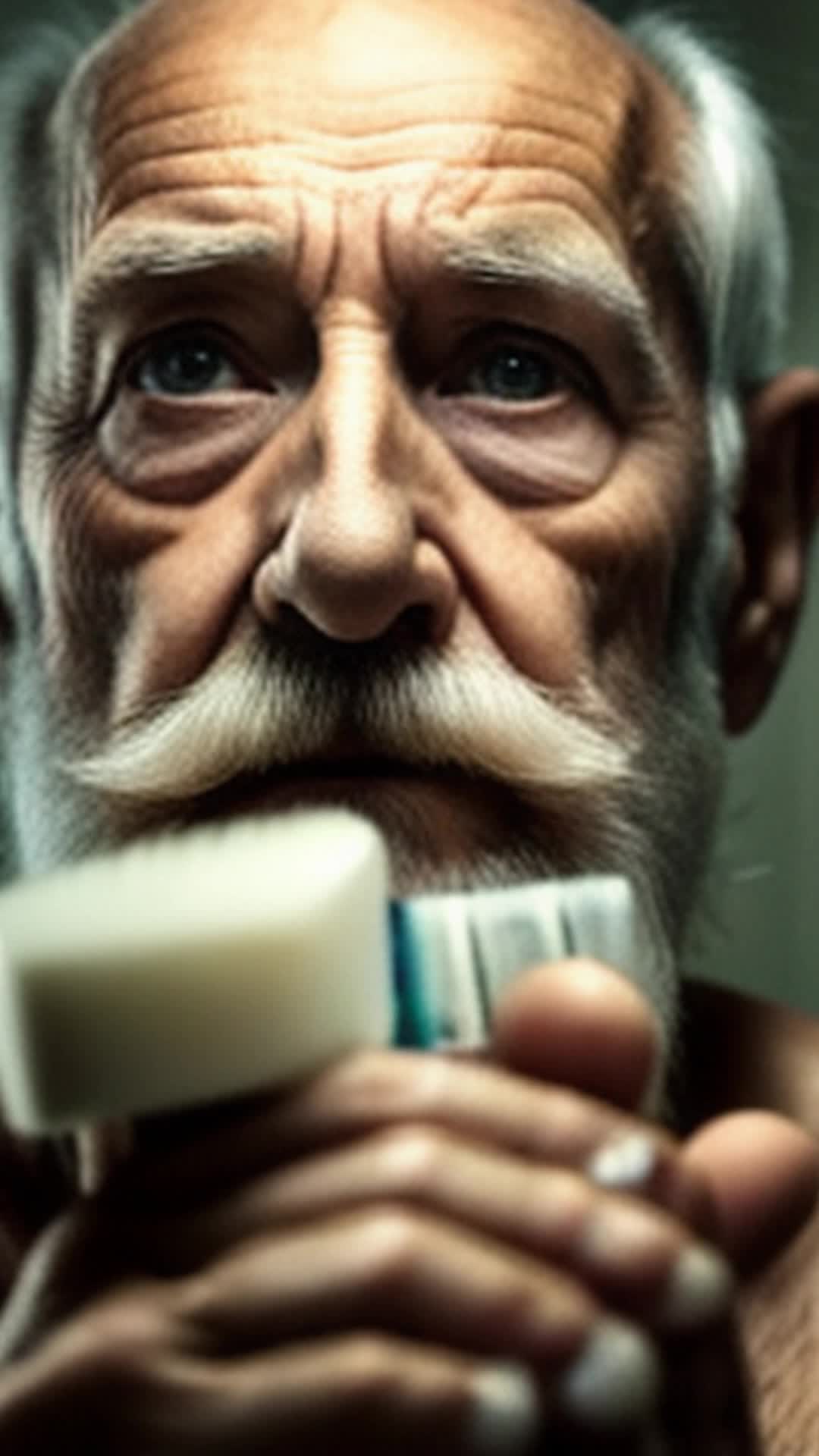 Elderly man with unruly beard, gripping shiny new grooming kit, begins to trim beard meticulously, stray hairs falling, Elderly man's expression shifts from skepticism to surprise, close up, dimly lit bathroom with mirror reflecting transformation