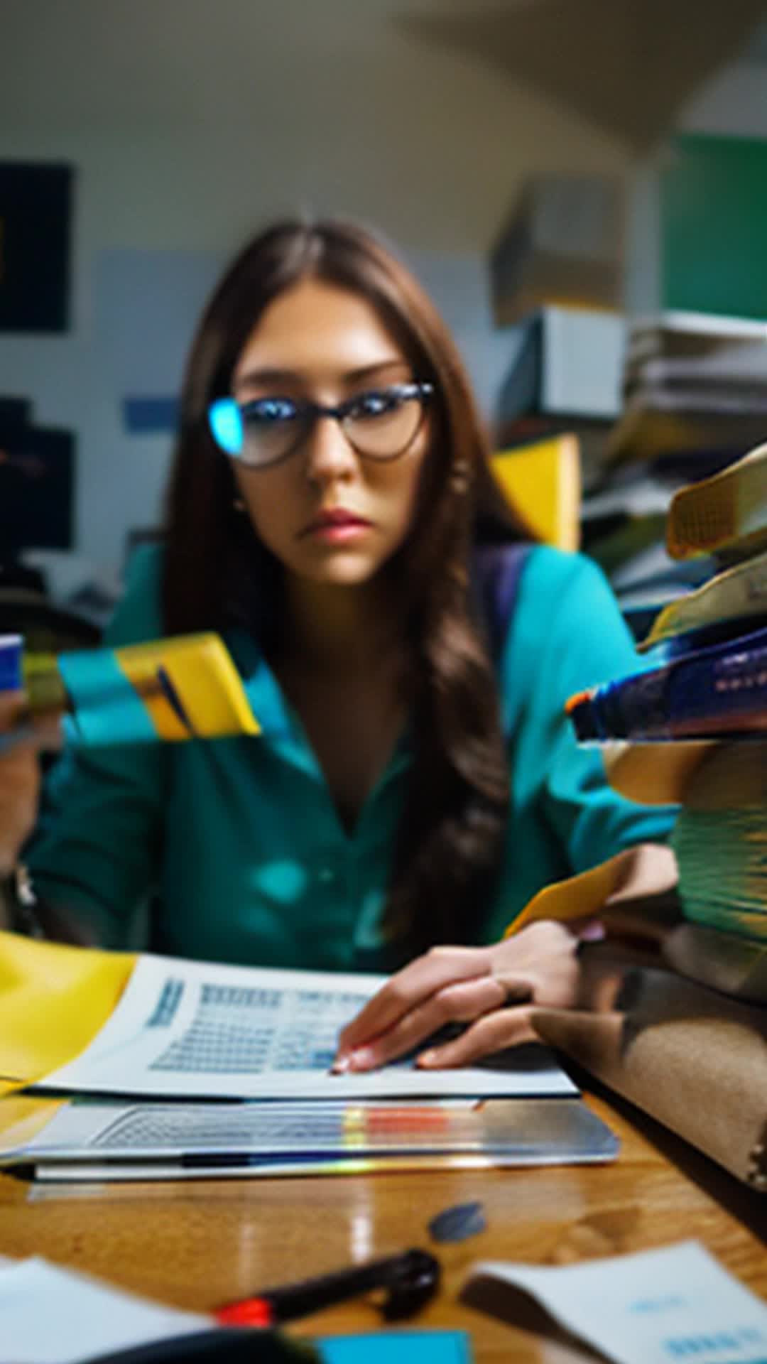 Sarah racing between cluttered desk of tax documents vibrant canvas filled with colors wide angle chaotic transition from finance to art