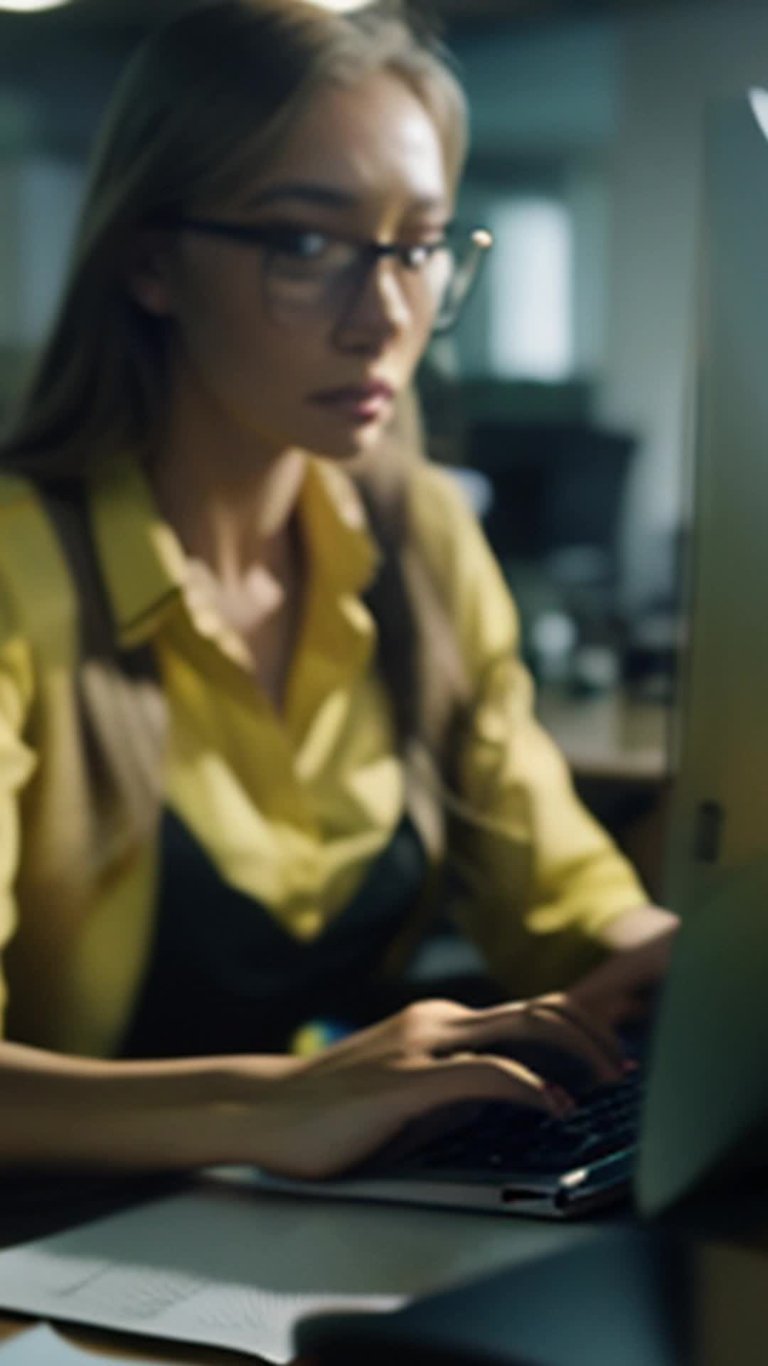 Linda in motion, racing to her desk, sprinting, close up, cluttered designer's workspace