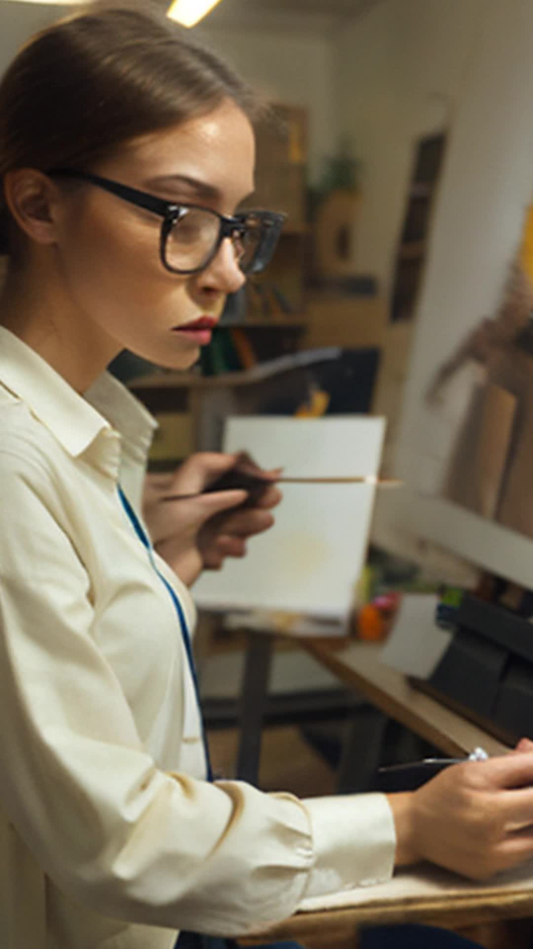 Sarah in business attire switching to artist's smock swiftly swapping calculator for paintbrush wide angle bustling urban office meets colorful art studio