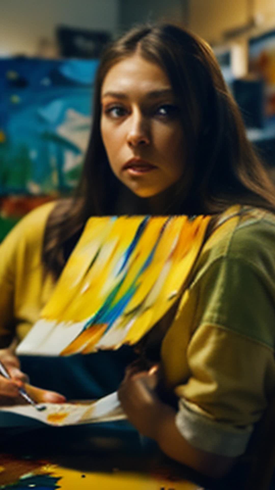 Sarah intense focused painting against time close up her art studio alive with vivid colors and scattered financial papers