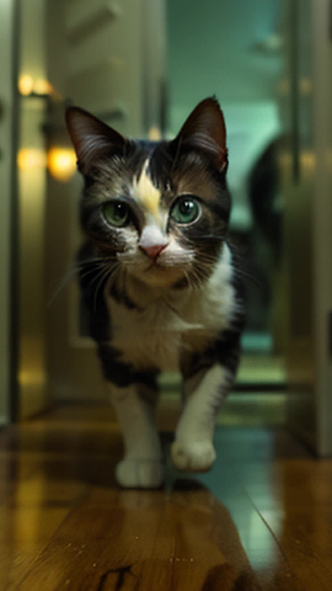 Tiny clever cat dodges hurried feet slips through apartment door eyes set on freedom close up urban apartment hallway