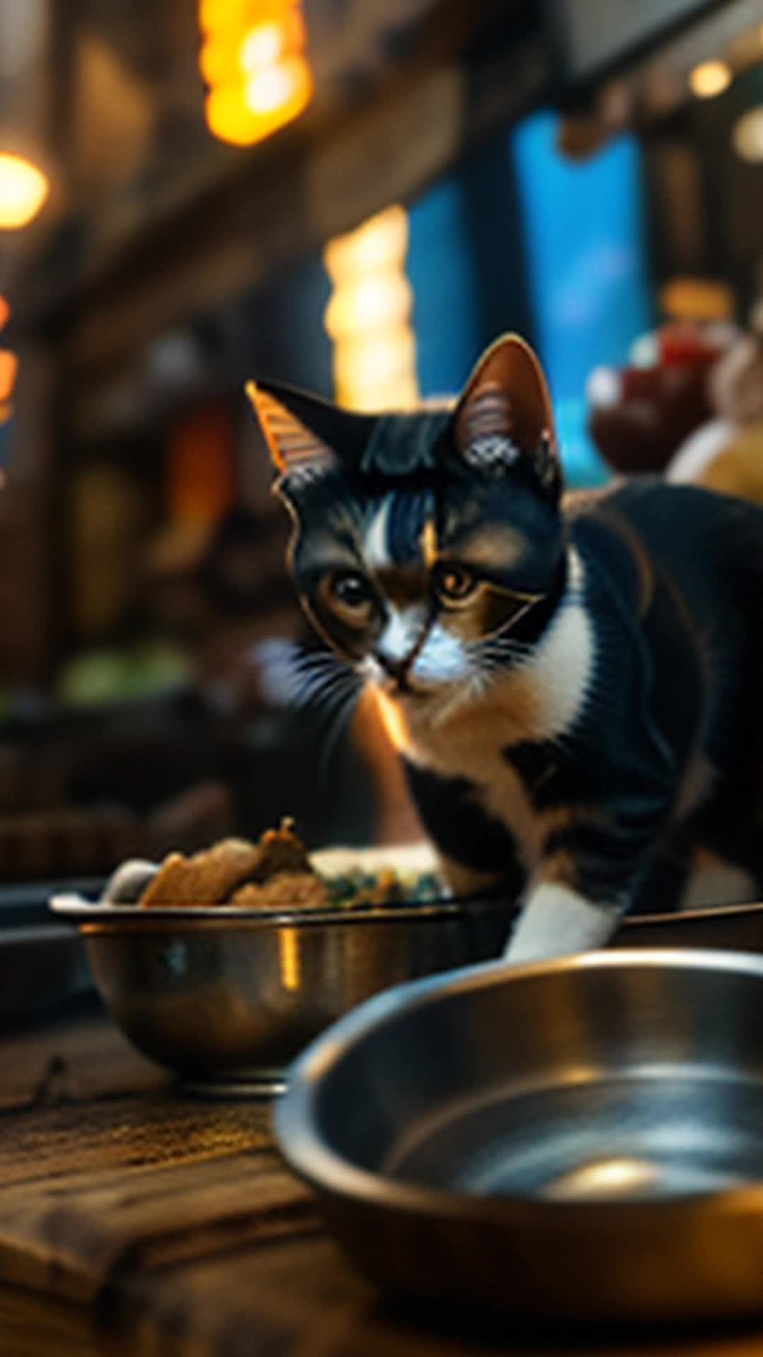 Small cat touches glowing ancient artifact beneath food stall surge of power courses through emboldening steps close up chaotic festival background