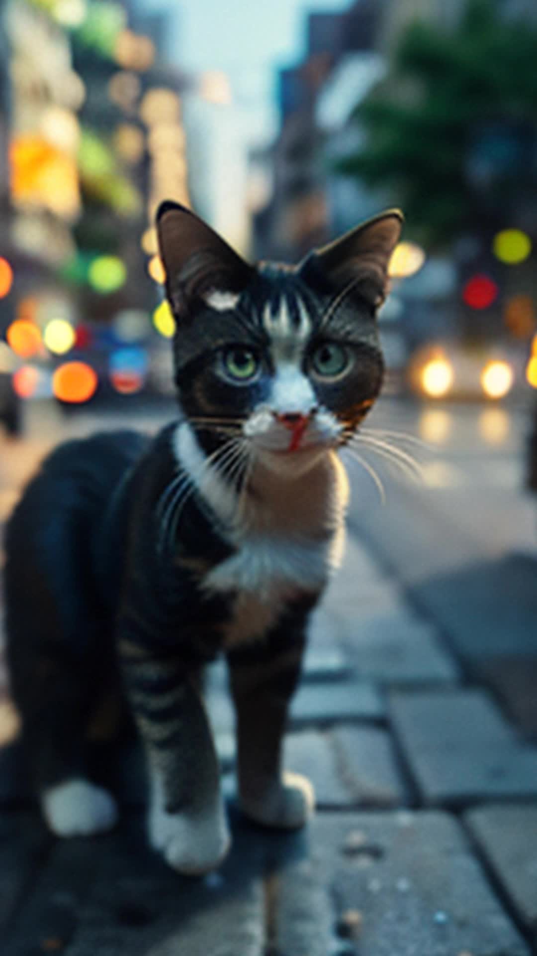 Miniature cats darting expertly wide angle bustling city sidewalk