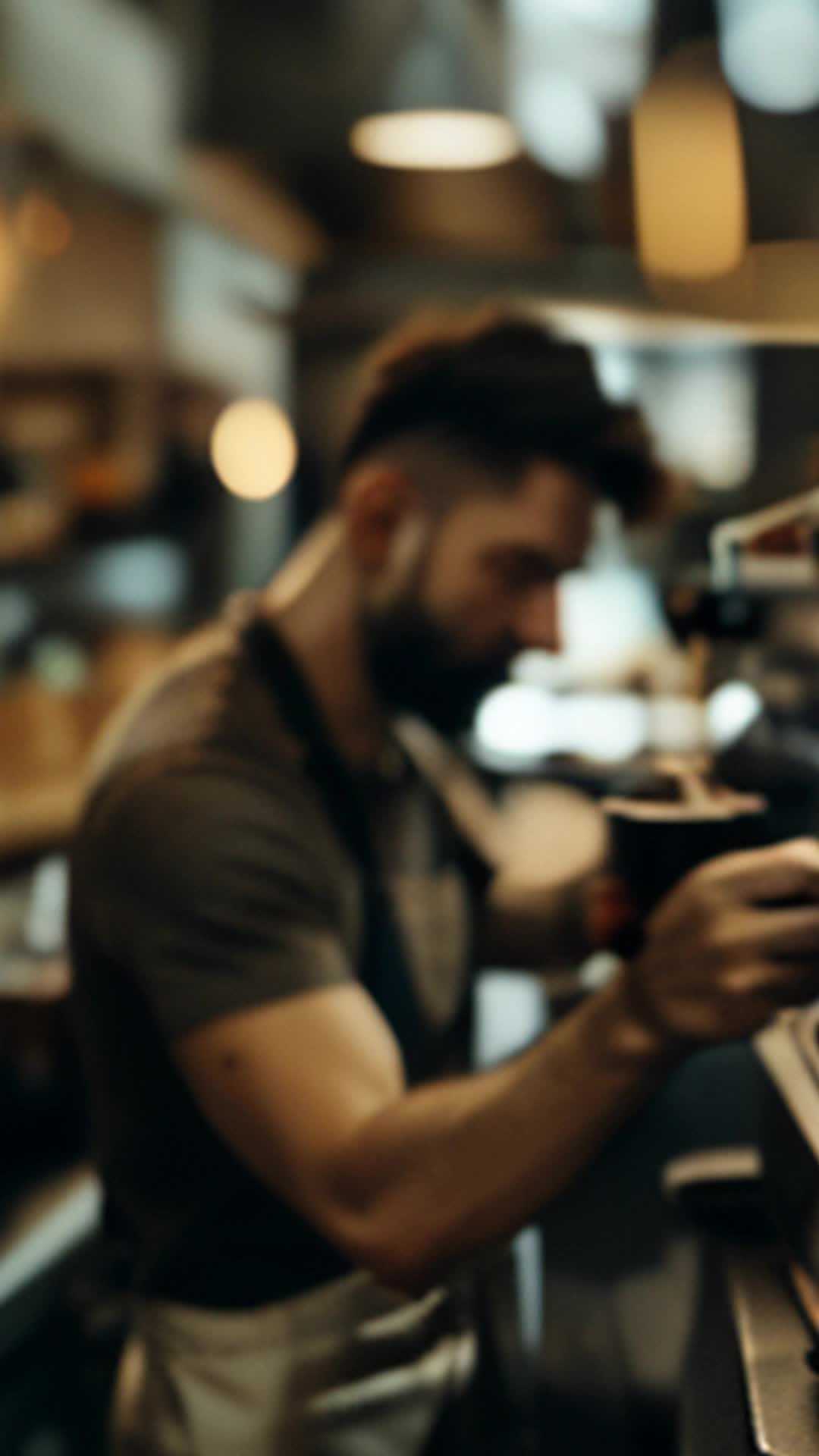 Jake focused barista, aromatic coffee grounds tamping, eyes glinting determination, steam hissing espresso machine, rhythmic tapping hissing, swiftly troubleshooting mobile app error on laptop, dual expertise testament, espresso shot timer final ring, successfully debugging code, seamless fusion two passions, close up, cozy bustling coffee shop interior