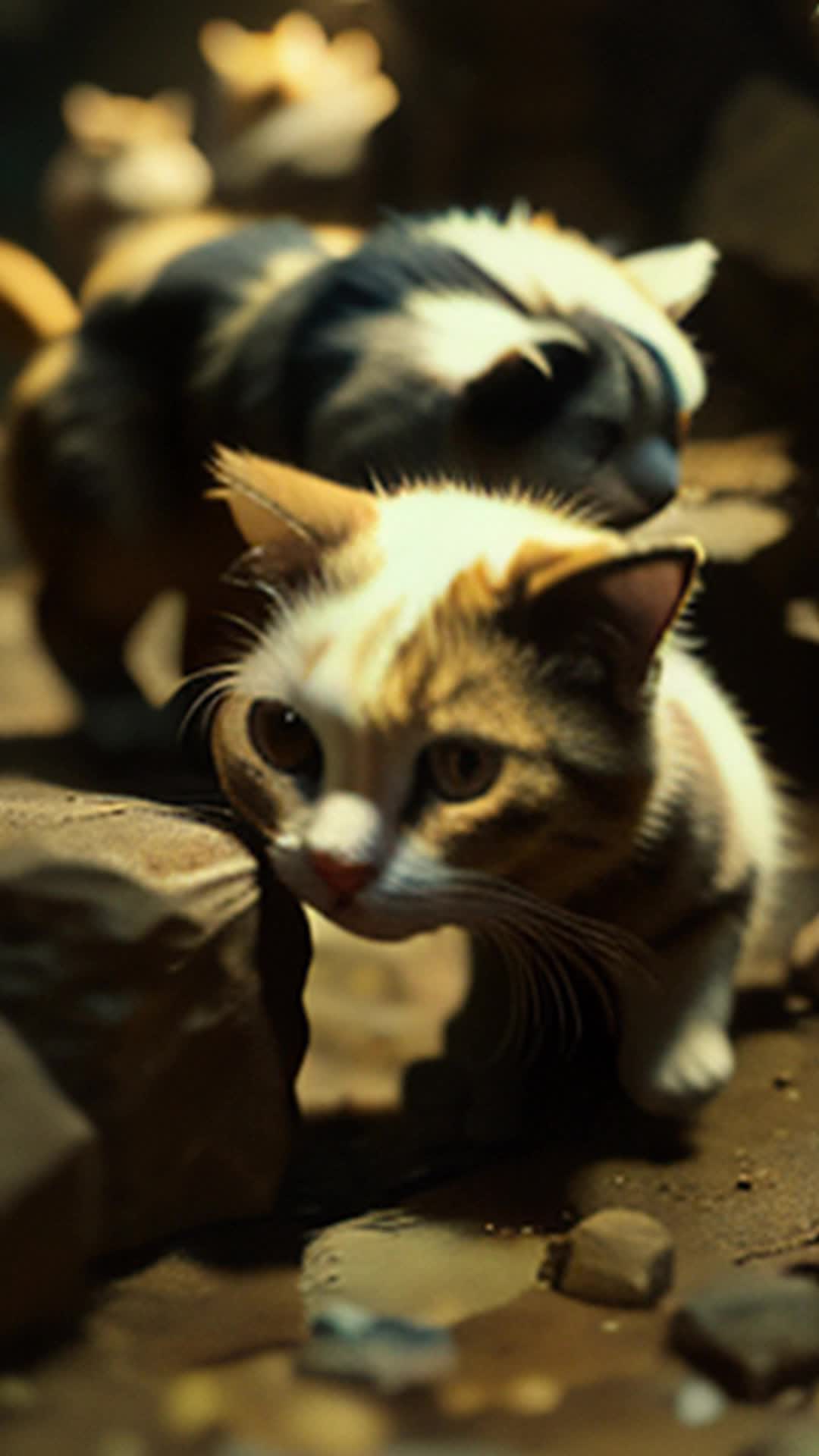 Miniature cats slipping through cracks close up mysterious underground realm