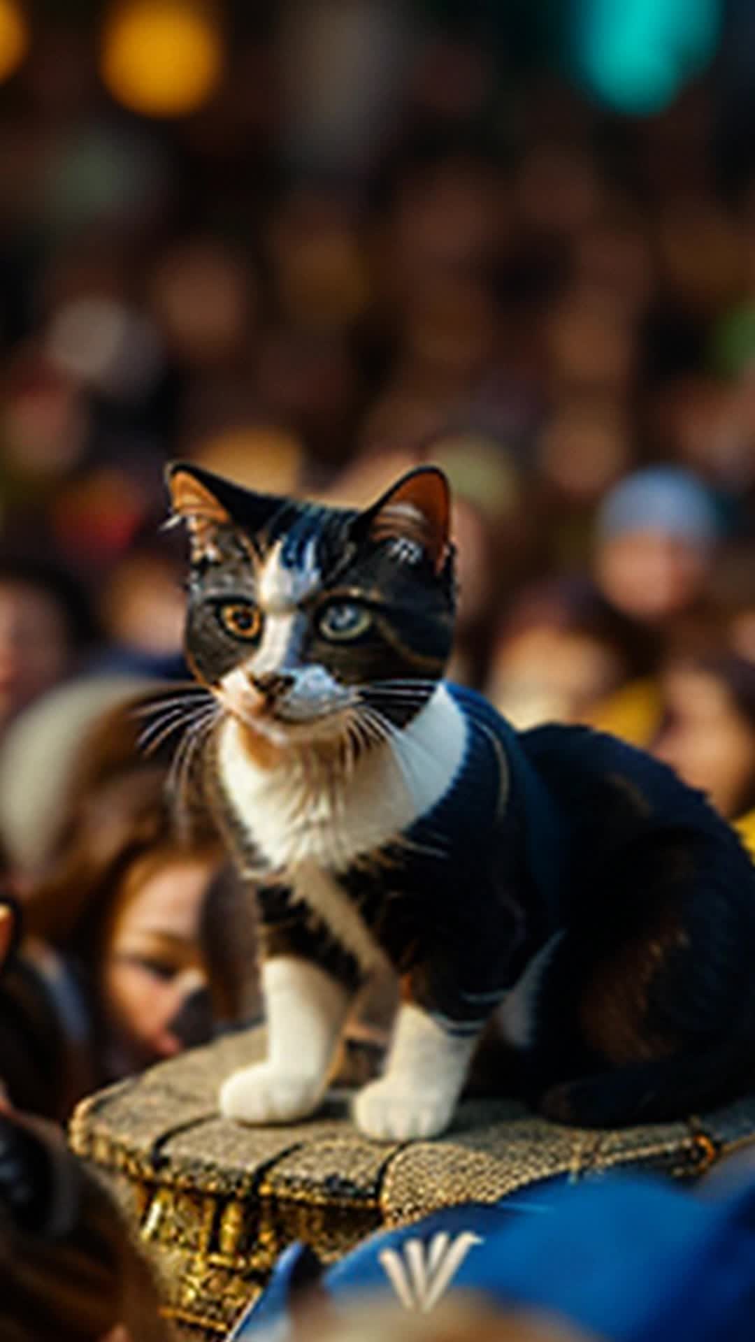 Miniature cat zigzags through bustling crowd uses tiny size as advantage wide angle vibrant festival scene