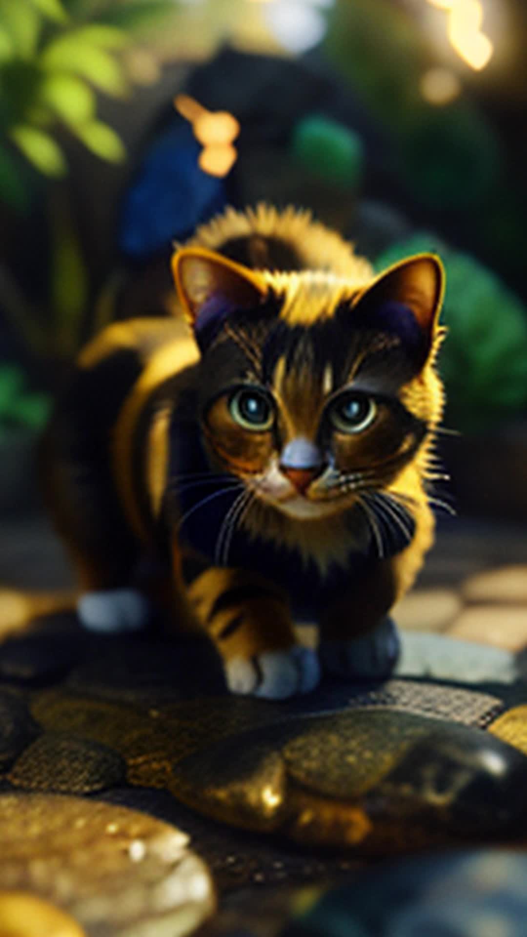 Nimble-pawed miniature cat, Aligning colorful stones with each click echoing, Wide angle, Mystical garden path unveiling into a feline utopia bathed in golden light