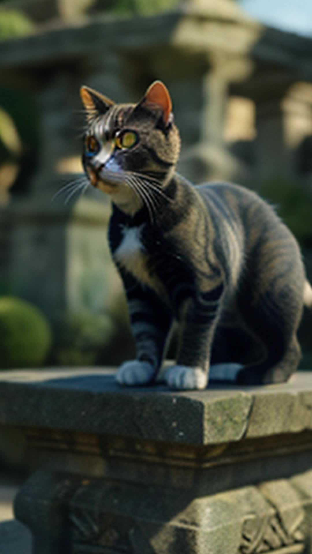 Curious miniature cat, Leaping onto an ancient stone pedestal, Close up, Overgrown garden with an ancient stone pedestal covered in etchings