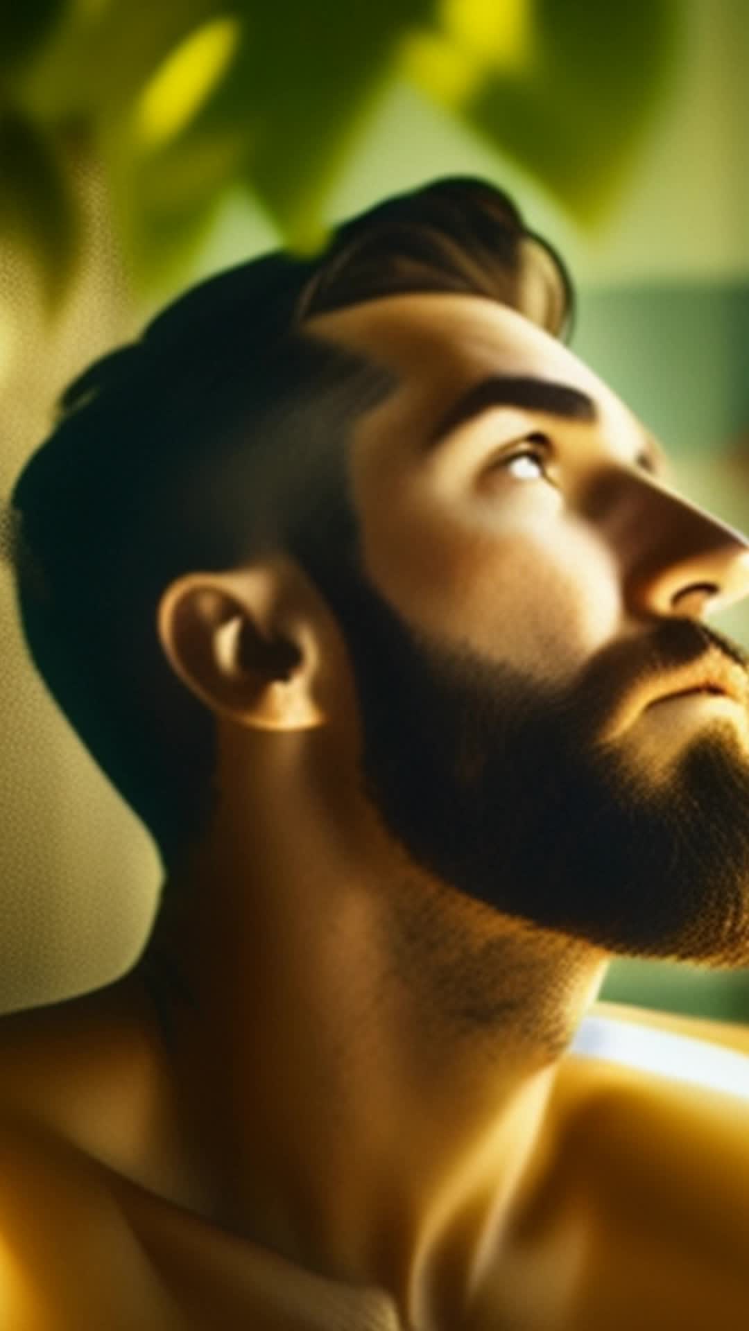 Beard oil drops glistening as they fall rejuvenating beard growth wide angle sunlit bathroom with natural green plants