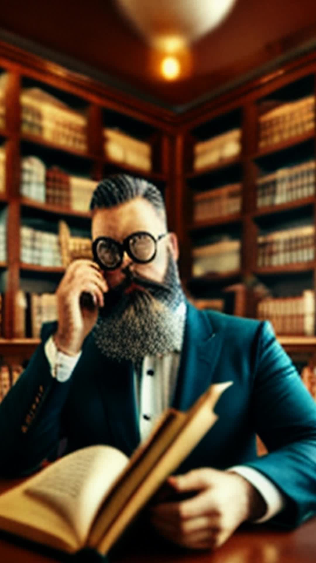 Elegant bearded gentleman reflecting wisdom and status fpv luxurious vintage-style library with rich wooden bookshelves