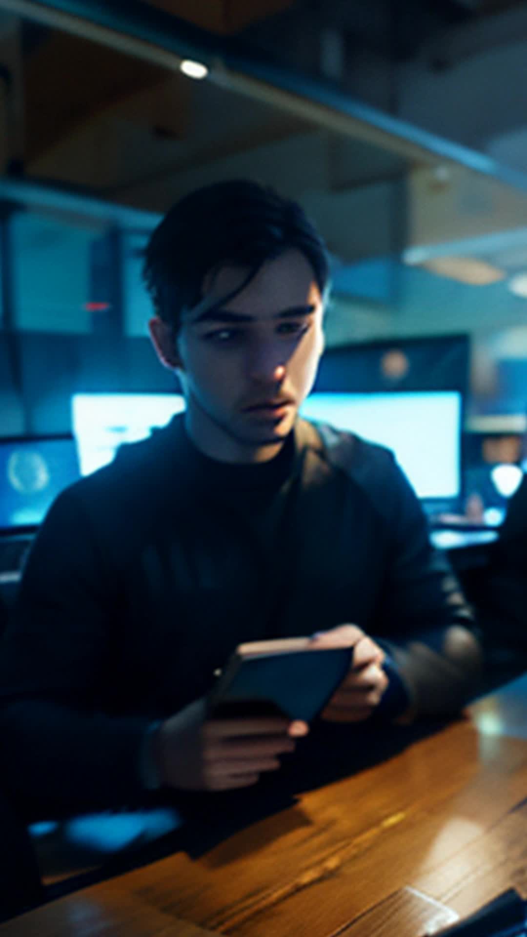 Marcus intense coder frantically adjusts code shadows loom outside cramped workspace wide angle dimly lit cluttered office