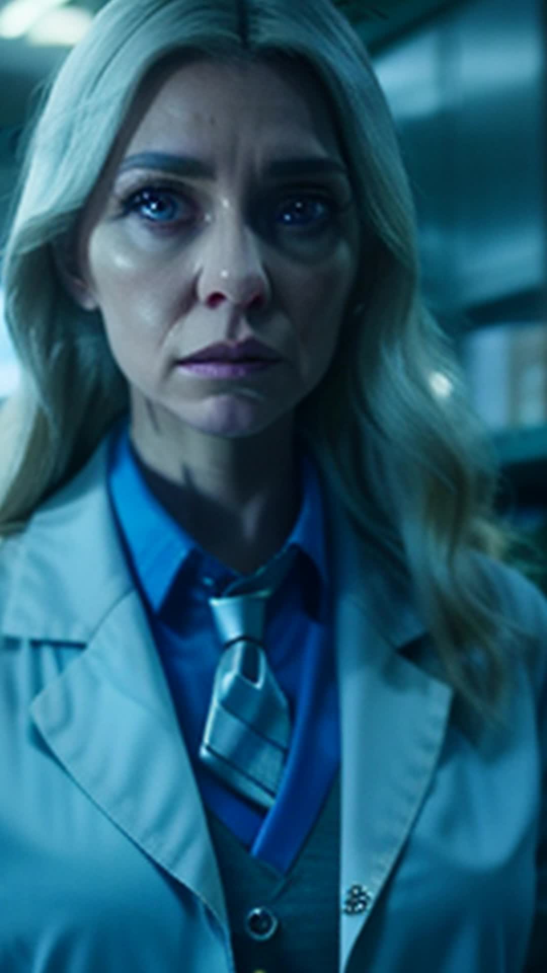 Dr. Elara in white lab coat, Specter of Death emerging from shadows, Staggering back, heart pounding, Close up, Dimly lit laboratory with flickering lights and scattered papers