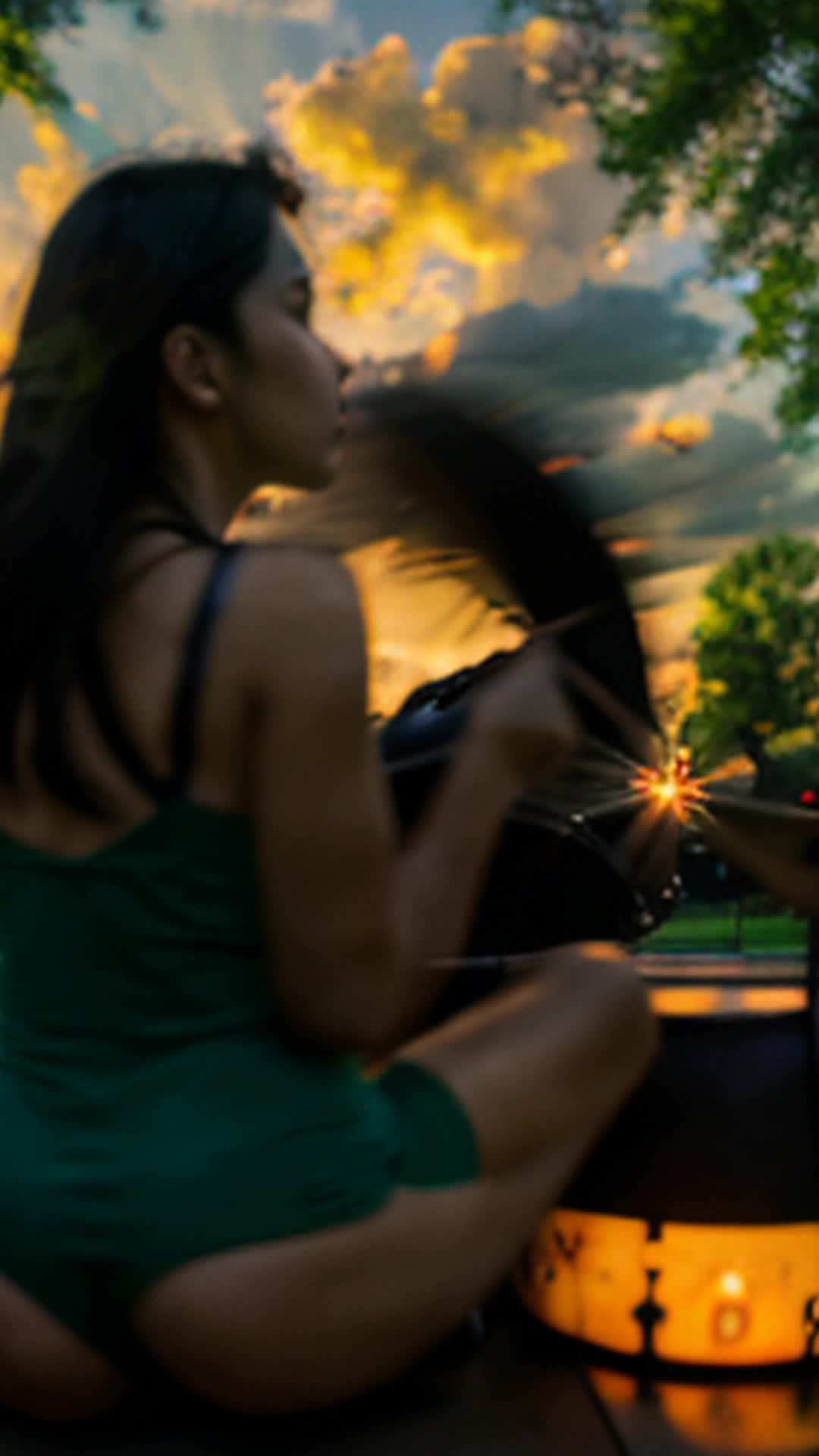 Luna Rivera skilled drumming wide angle Zilker Park sunset