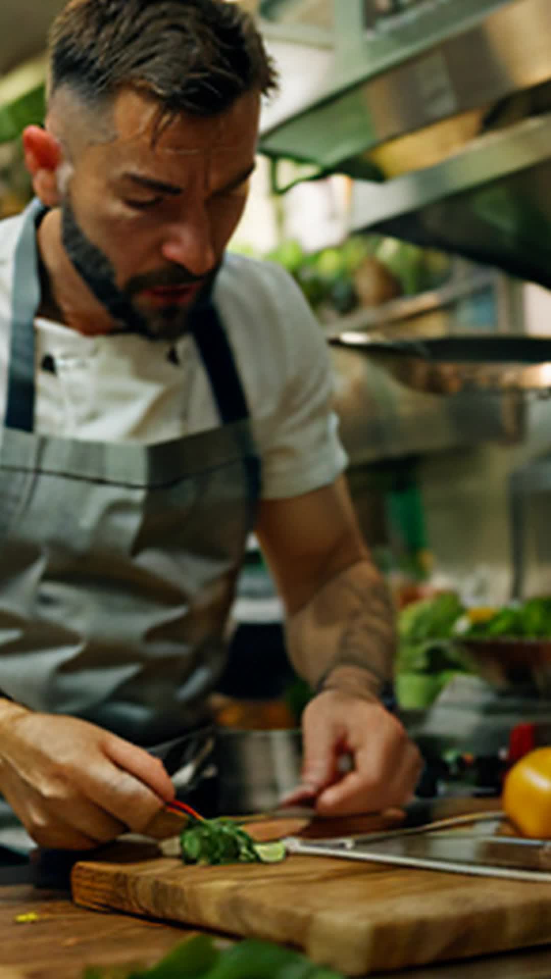 Chef Marco Vincenzi setting up makeshift kitchen charming engaging audience whipping up spontaneous culinary masterpiece close up vibrant farmer's market