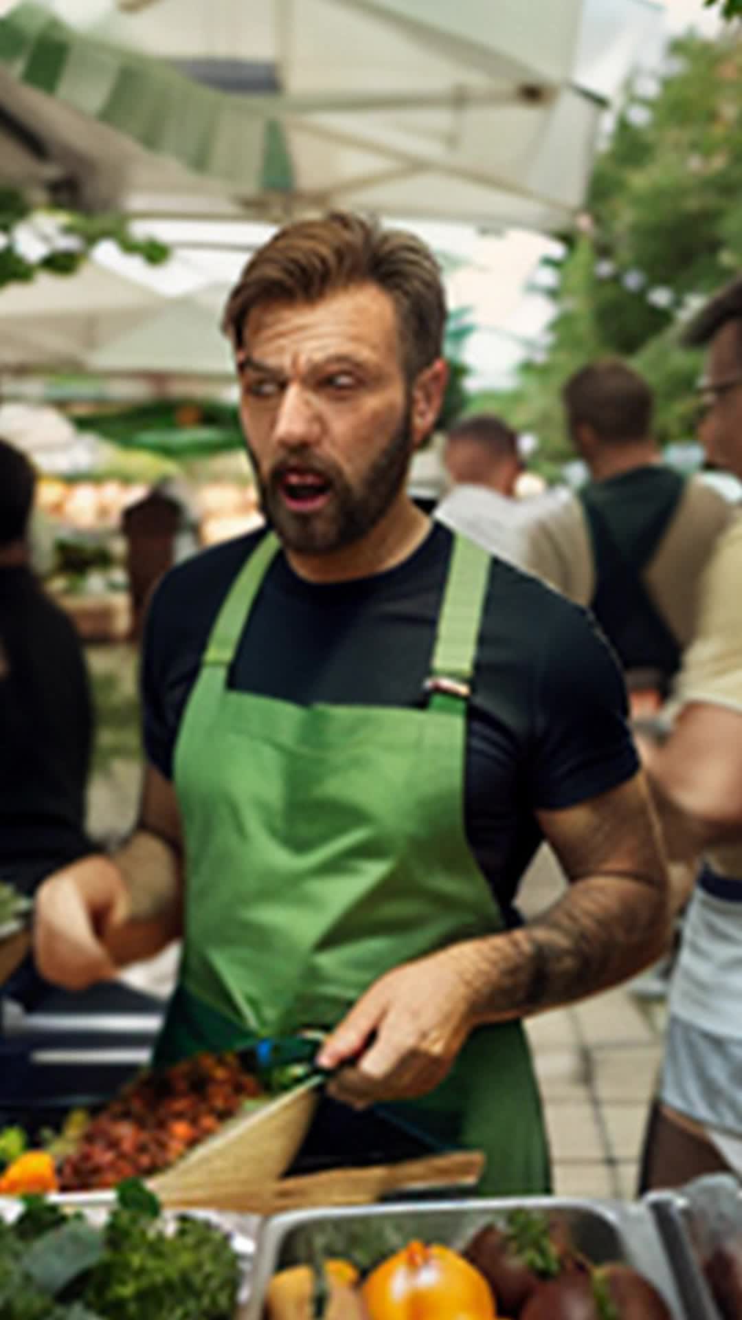 Chef Marco Vincenzi racing farmer's market apron flapping wildly drawing curious crowd fresh greens fpv bustling market stalls