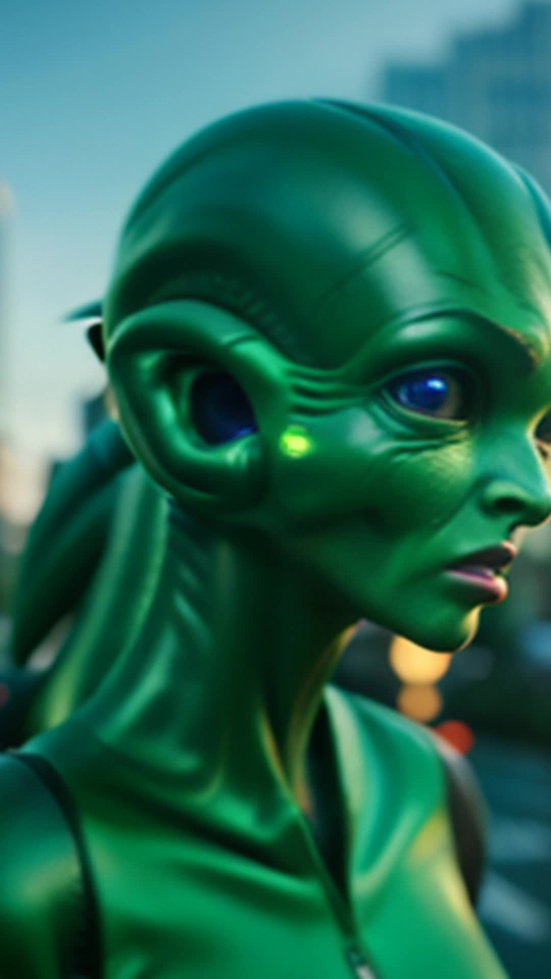 Alien demonstrating advanced green technology purifying city air wide angle transformed urban environment