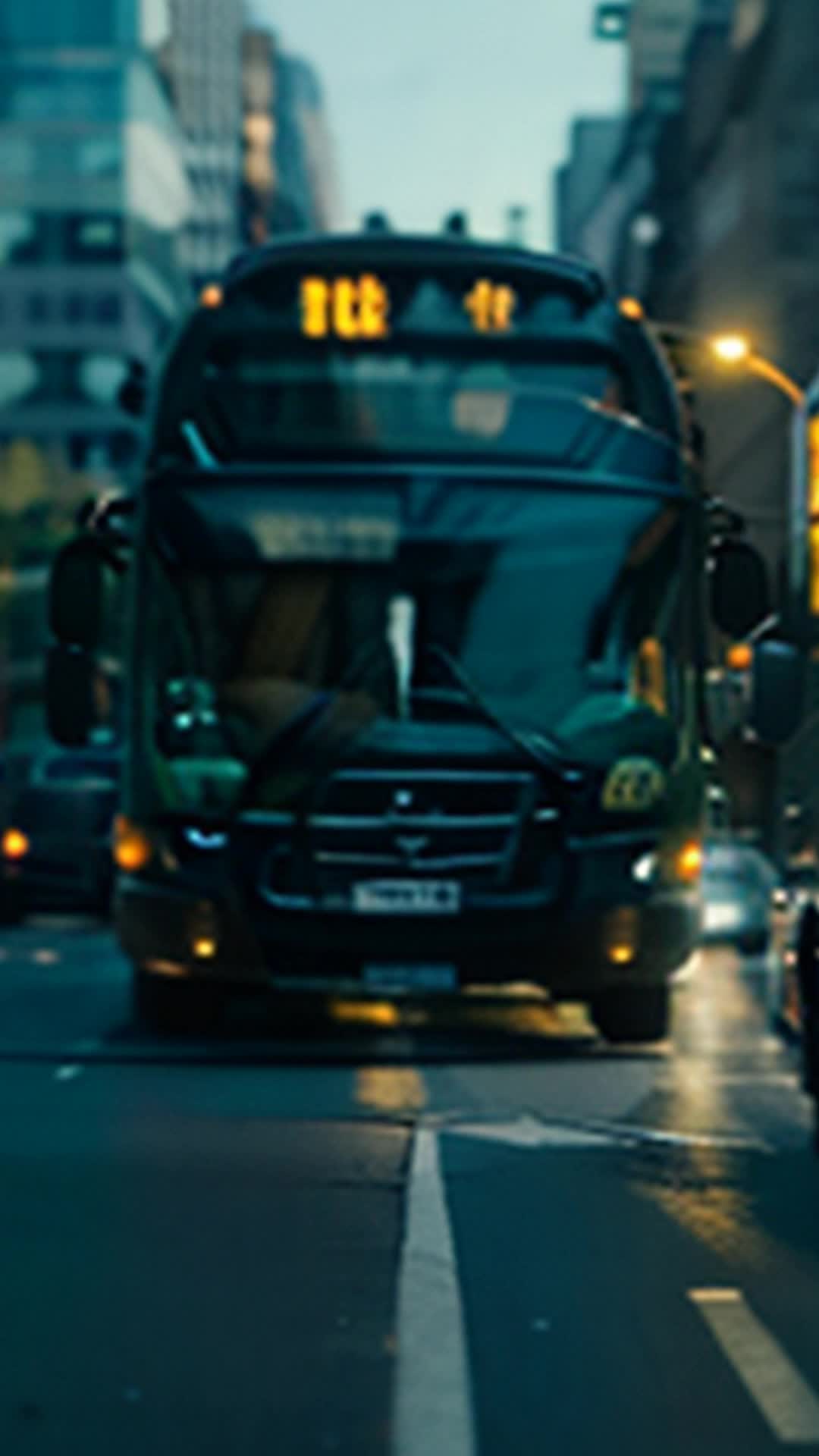 Alien disguised as bus driver abruptly halting bus wide angle busy city street