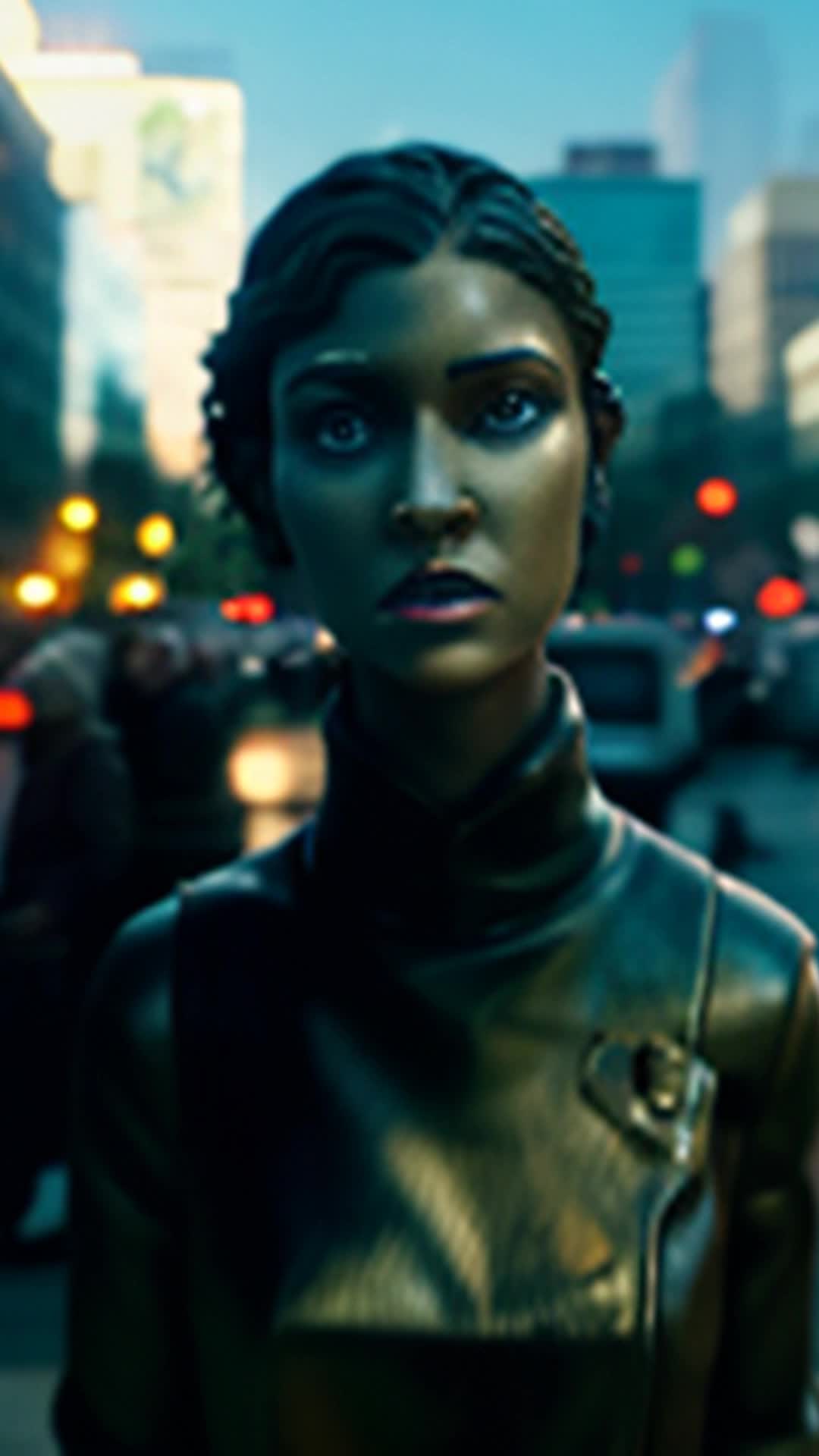 Leah determined face raising defective bio-monitor above head rallying oppressed citizens wide angle crowded square with old statues and digital billboards flashing propaganda