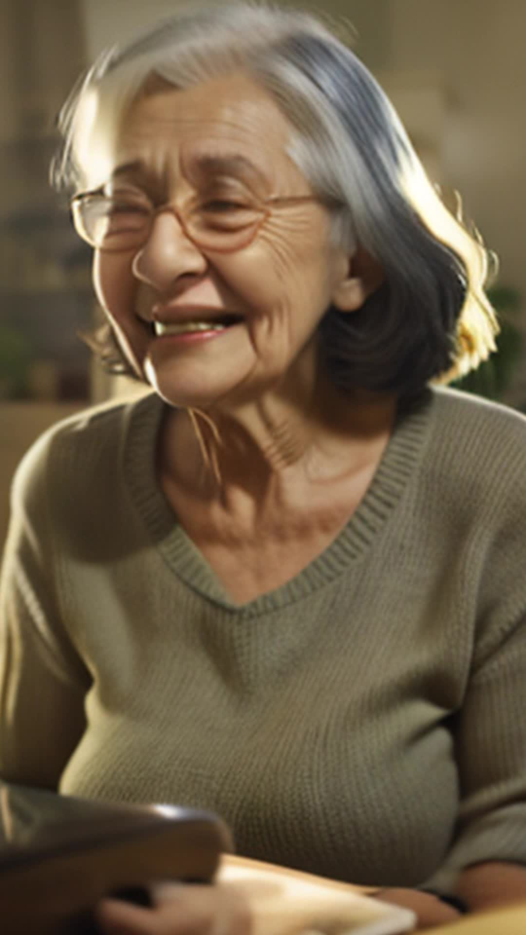 Joyful elderly woman navigating internet, Smiling at screen using voice commands, Wide angle, Brightly lit living room with comfortable furnishings