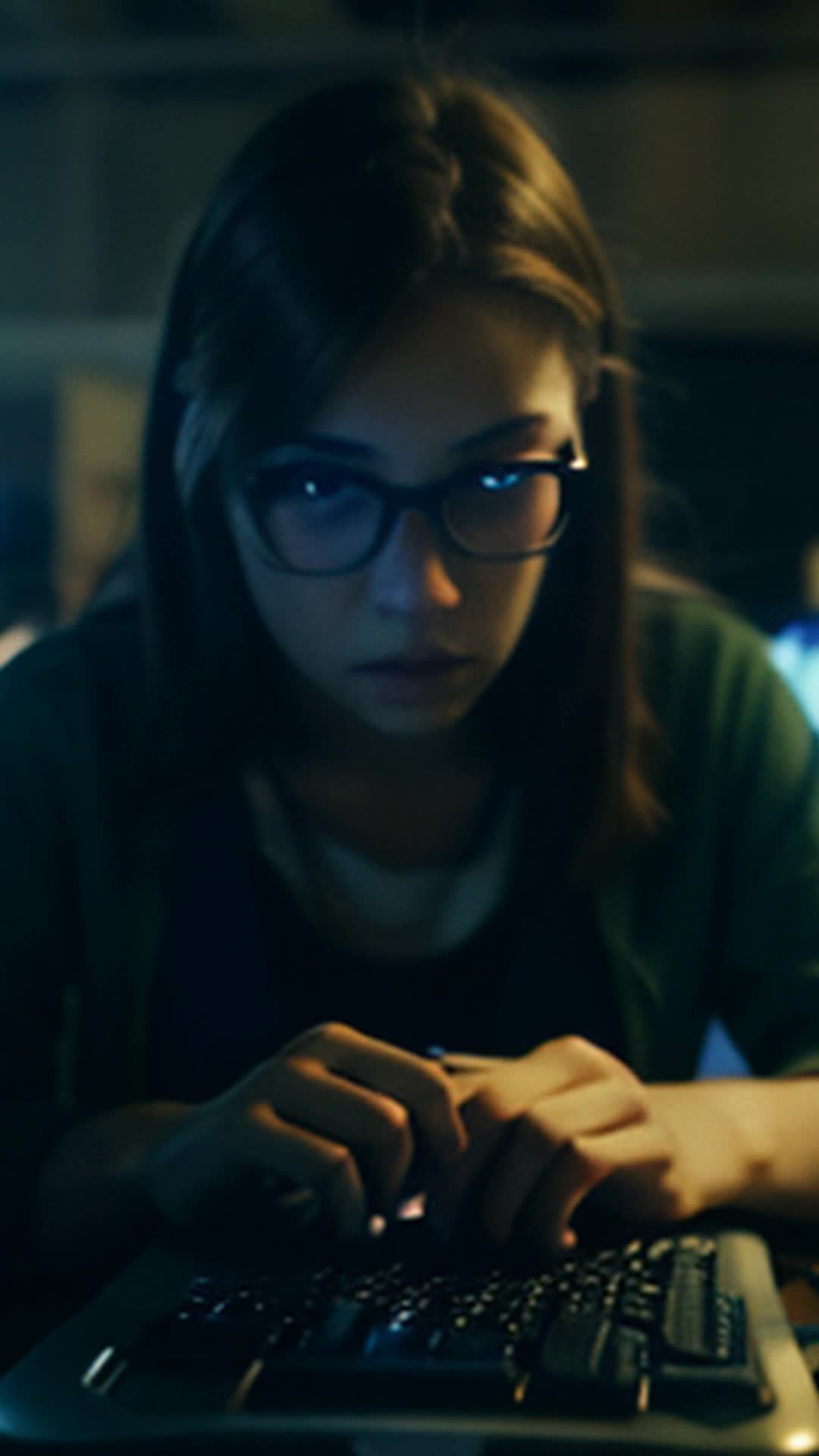 Young female coder intensely typing wide angle dimly-lit cramped room filled with smoldering computers