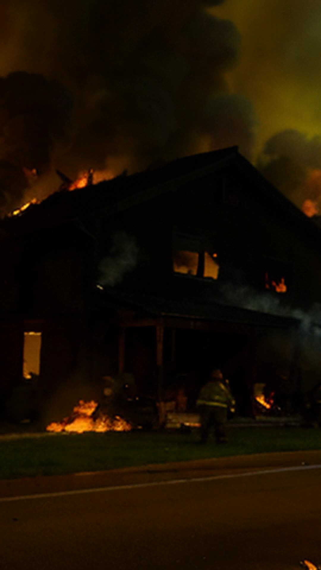 Amateur historians and local firefighters in action, battling smoke and flames, wide angle, historic village engulfed in fire