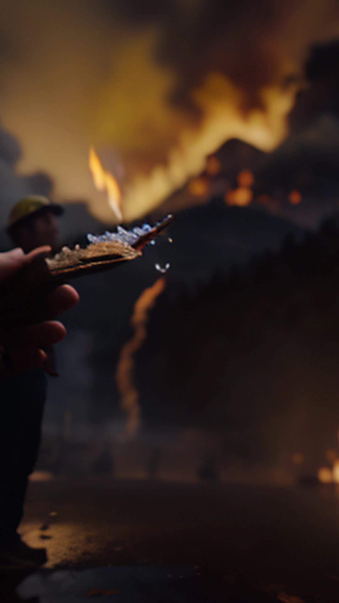 Eli adjusts ancient rain-summoning mechanism hands trembling close up smoke-filled air from nearby wildfire as background