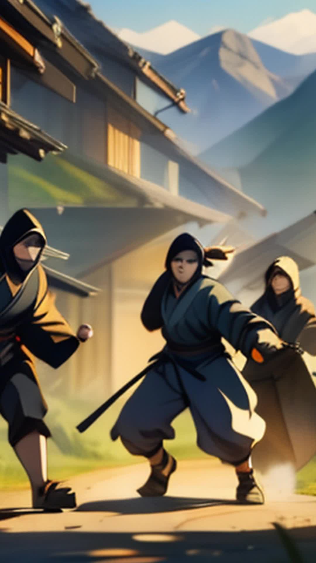 Trio of elite ninjas dodging lethal shurikens stealthily infiltrate enemy village mission-focused wide angle shadowy village huts at dawn