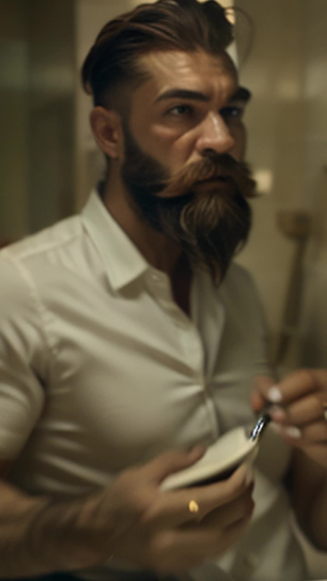 Skilled man inside bathroom meticulously sculpting beard, unaware of partner's frustration, precise snips and trims, close up, stylish bathroom interior