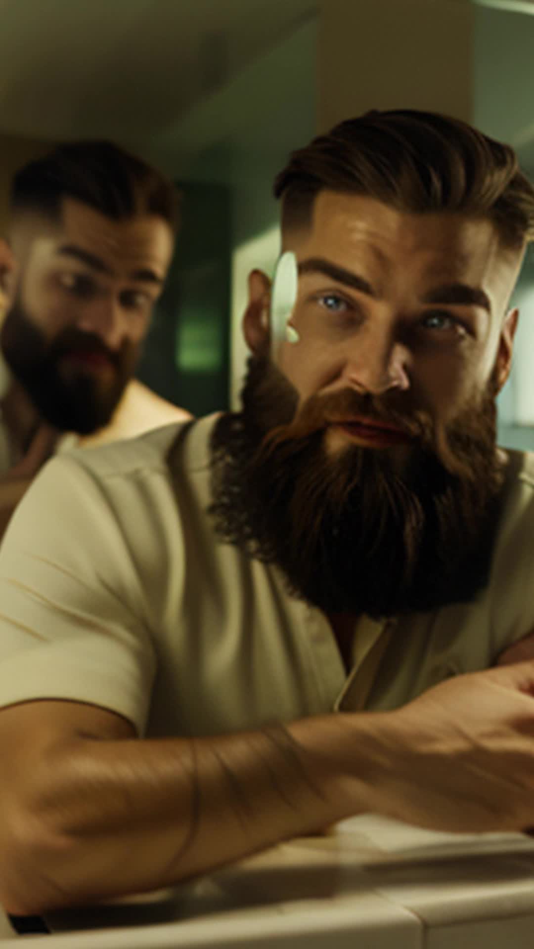 Man making exaggerated gestures in mirror during beard grooming, Woman observing with crossed arms and amused expression, fpv, Elegantly decorated bathroom with modern fixtures and bright lighting