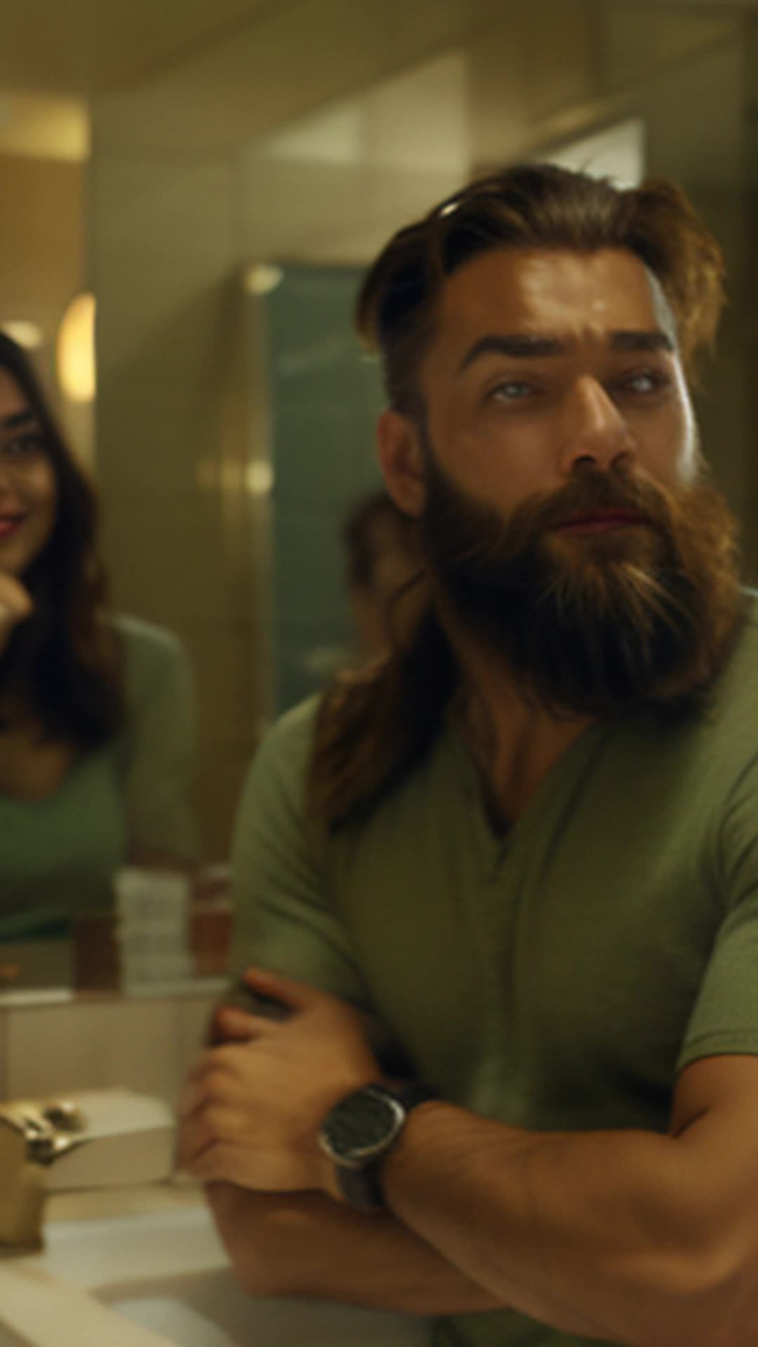 Man spritzing, combing, oiling beard with theatrical gestures, Woman sighing, crossing arms, checking watch with amused twinkle in eyes, wide angle, Stylish bathroom filled with grooming products and vibrant decor