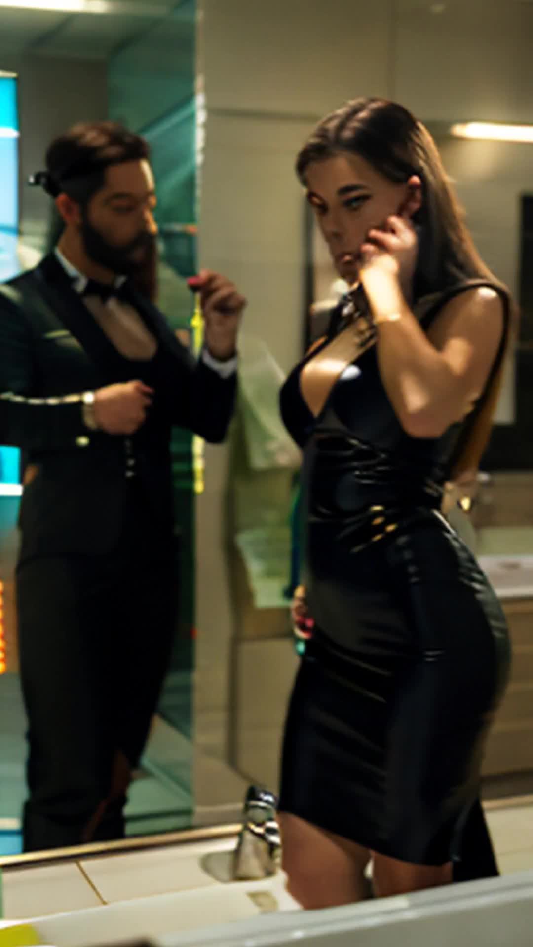 During a comedic role reversal, a man commandeers the bathroom for his elaborate beard grooming ritual, equipped with more products than a beauty salon, while his partner, in her simple black dress, checks her watch every minute, highlighting the humorous switch in pre-party preparations.