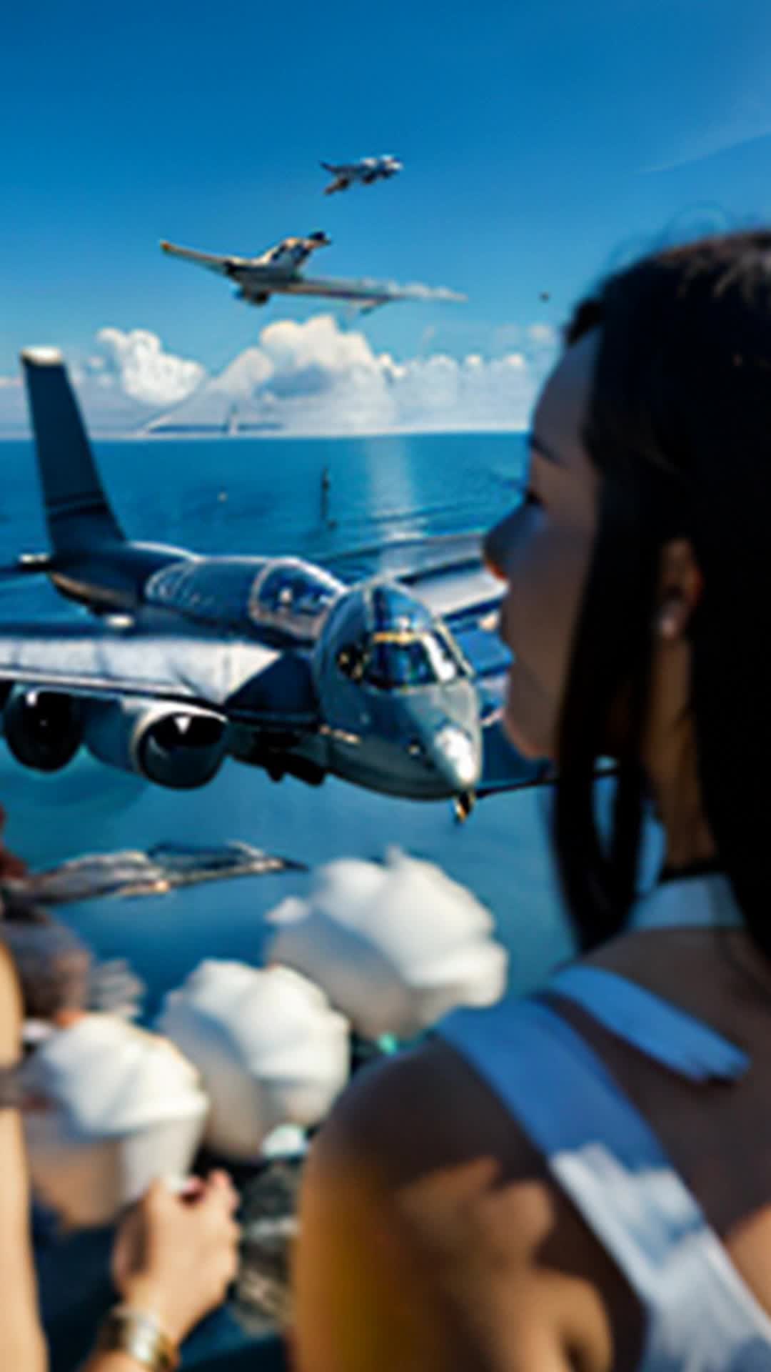 Plane soaring above Atlantic, three women with heirloom pieces, examining and fitting pieces together like a puzzle, wide angle, vast ocean and sky in background