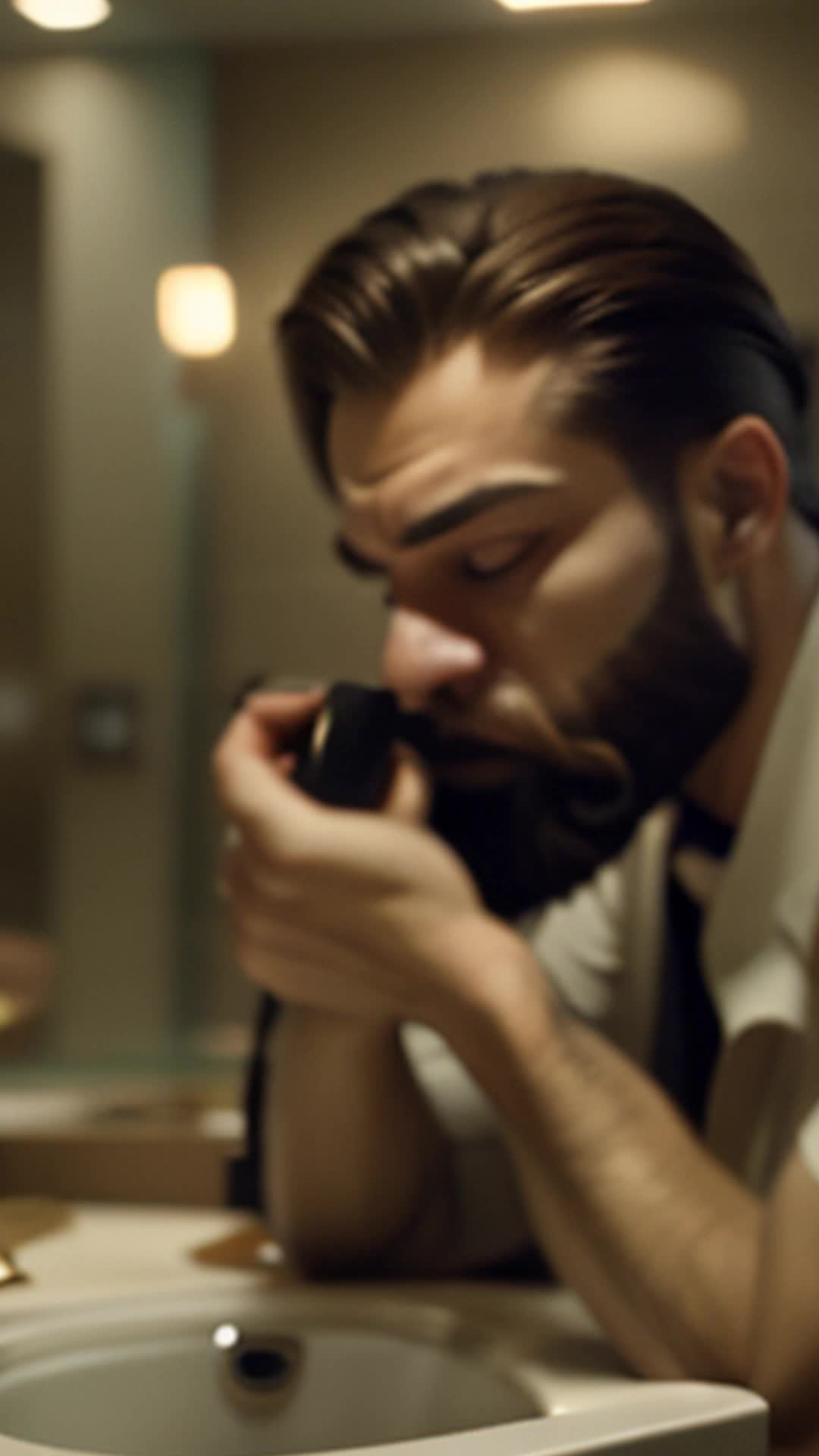 Meticulous man aligning beard hairs with precision grooming tool intense concentration close up opulent bathroom