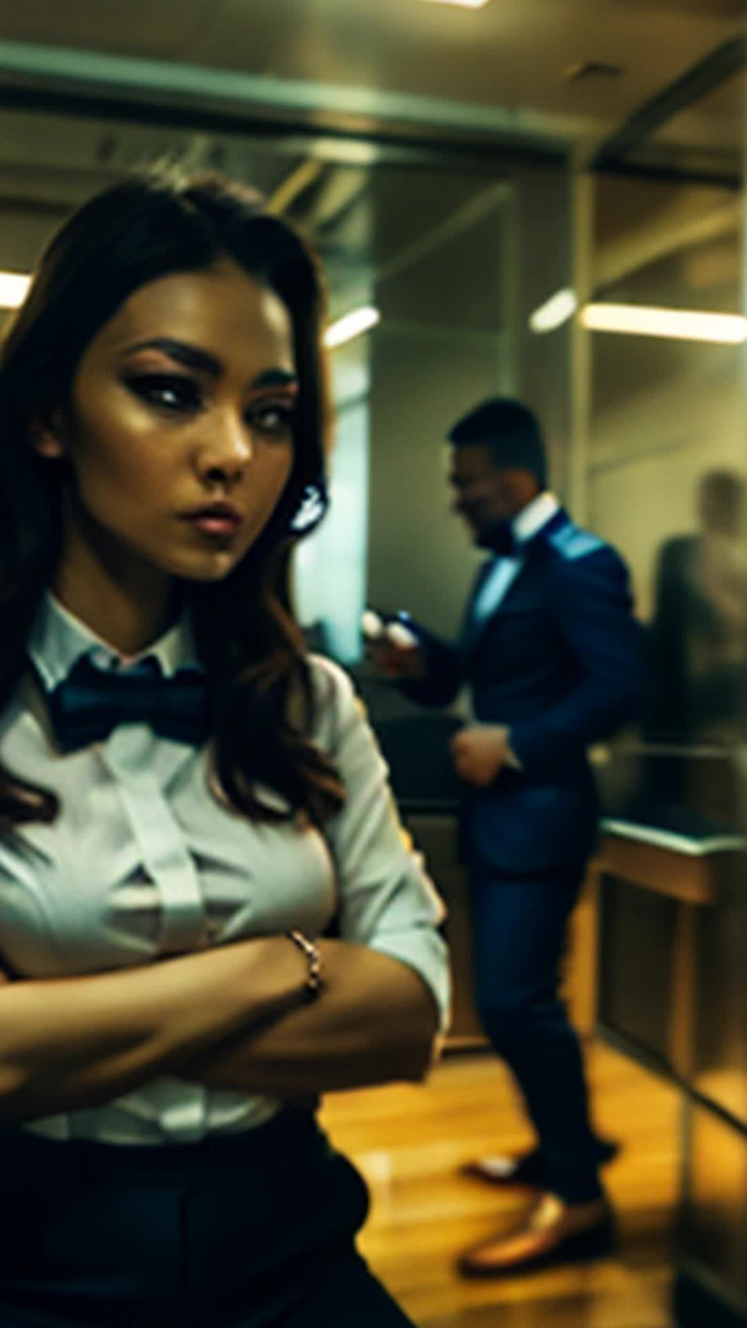 Contrasting couple man focused on grooming woman eager for gala palpable tension wide angle lavish preparation room