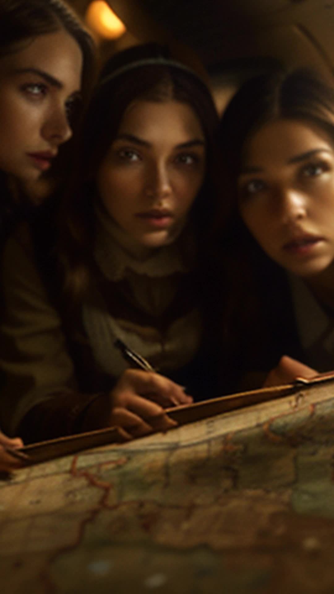 Ancient map revealed from hidden compartment, three women marveling, eyes glowing with determination, vowing to follow path, close up, intricate details of map, plane cabin background