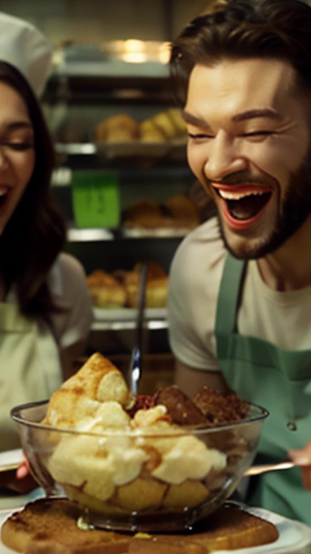 Cheerful trio mixing batter close up laughter blending with mixer's whirl in vibrant boutique bakery