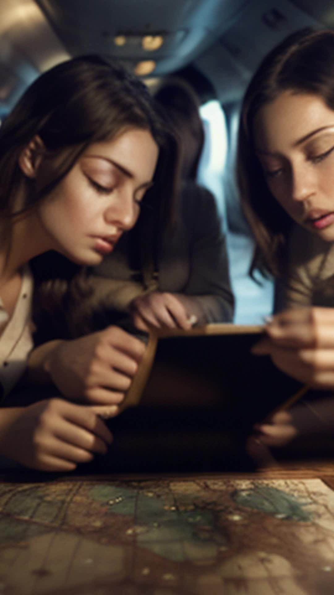 Three women with heirloom pieces, eyes wide with wonder, hands swiftly fitting puzzle pieces, hidden compartment springs open revealing ancient map, determination glowing in their eyes, vowing to follow map's path, ready to unravel secrets of shared past, wide angle, plane cabin over Atlantic