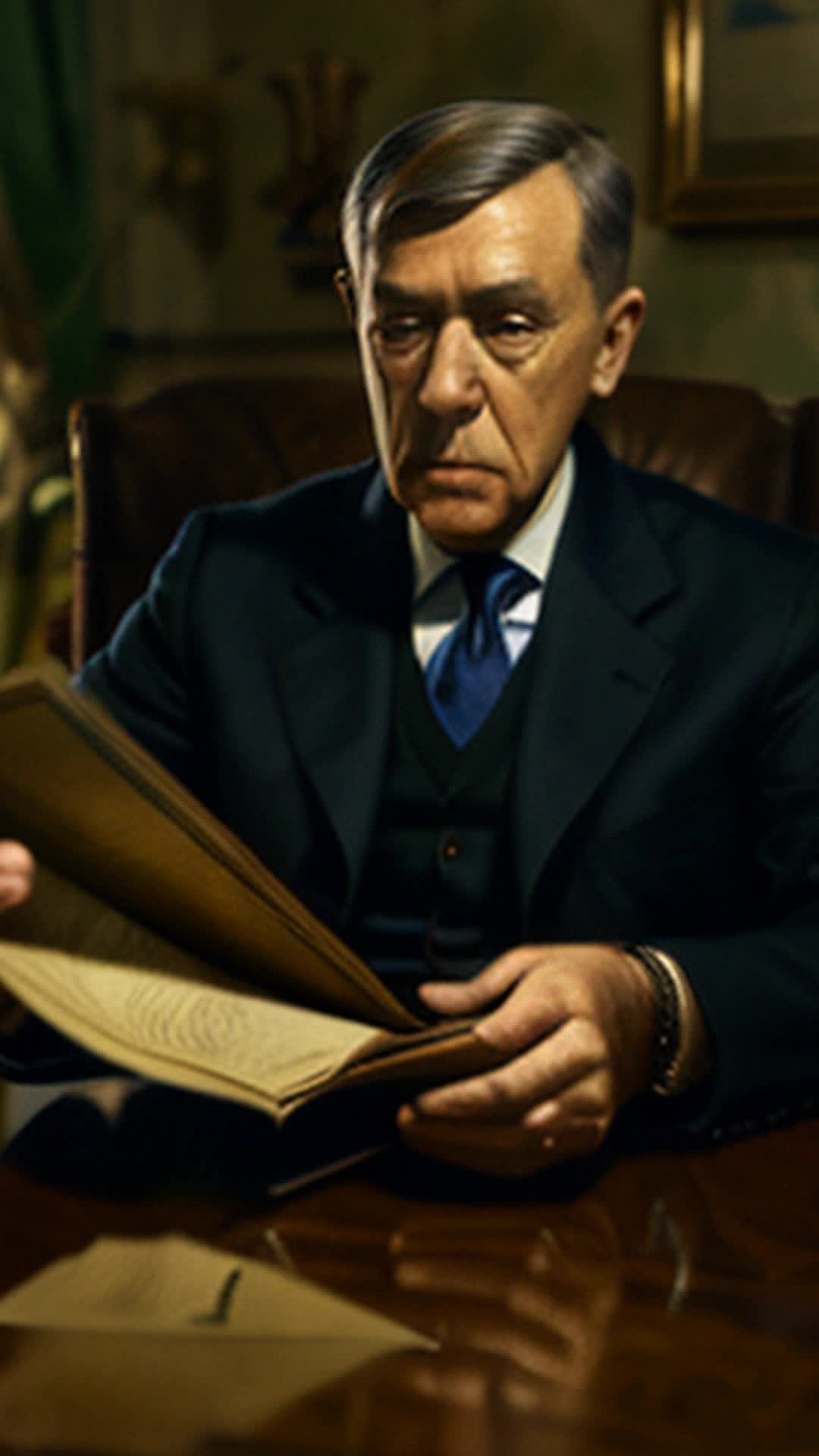 President Woodrow Wilson gripping Federal Reserve Act with determination poised to sign close up dimly lit office with vintage furnishings