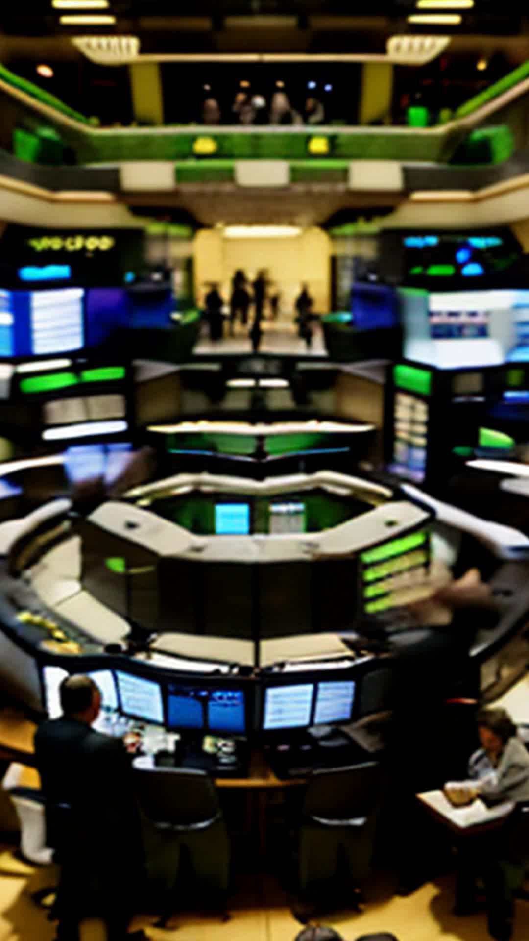 Federal Reserve officials in suits, financial market symbols, aggressive quantitative easing, wide angle, bustling stock exchange floor with digital screens displaying real-time data