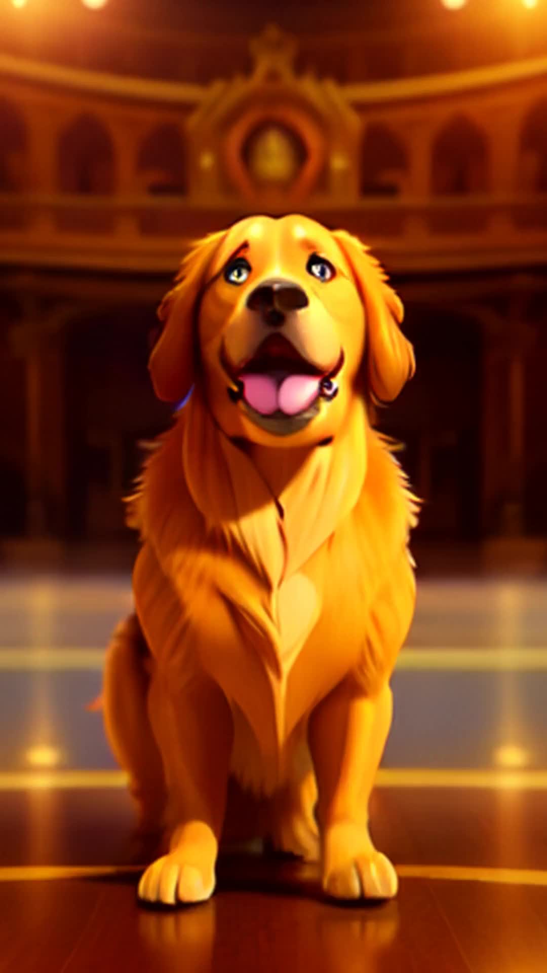 At an old, respected theater, a golden retriever stars in a Shakespearean play, performing soliloquies with such passion and clarity that it receives a standing ovation every night from an audience bewildered and charmed by its dramatic prowess.