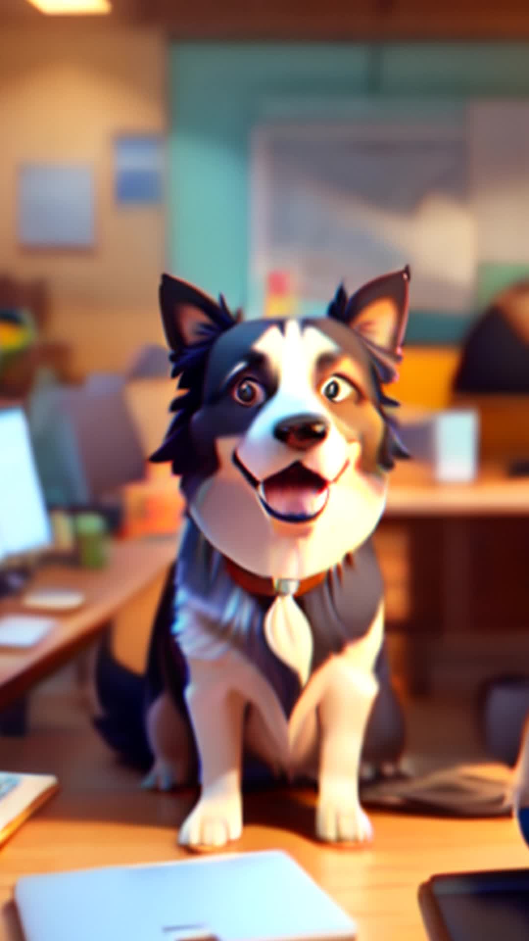 Proud border collie, Wagging tail in approval, Wide angle, Cheerful engineering team celebrating in a cluttered, tech-filled workspace